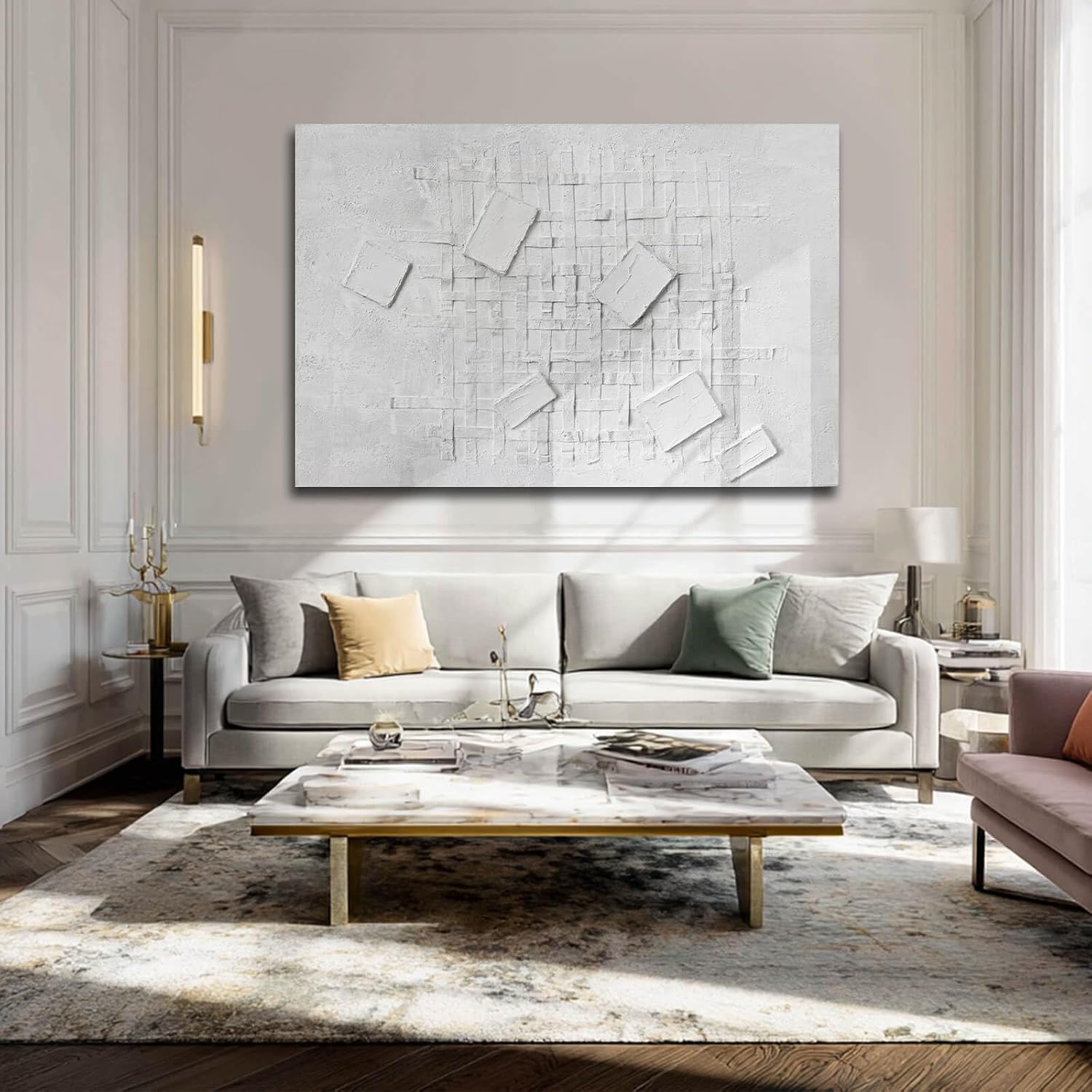 White Minimalist Wall Art Neutral Abstract Wall Decor for Bedroom Large Framed Canvas Wall Art for Living Room Dining Room 32x48 Inch