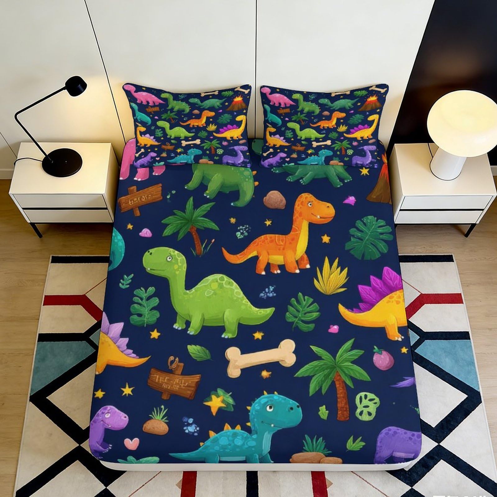 3D Printed Cartoon Dinosaur Fitted Sheet Microfiber Soft Anti-Slip Jungle Animal Bed Cover for Bedroom Dorm Protection 120x200x25cm