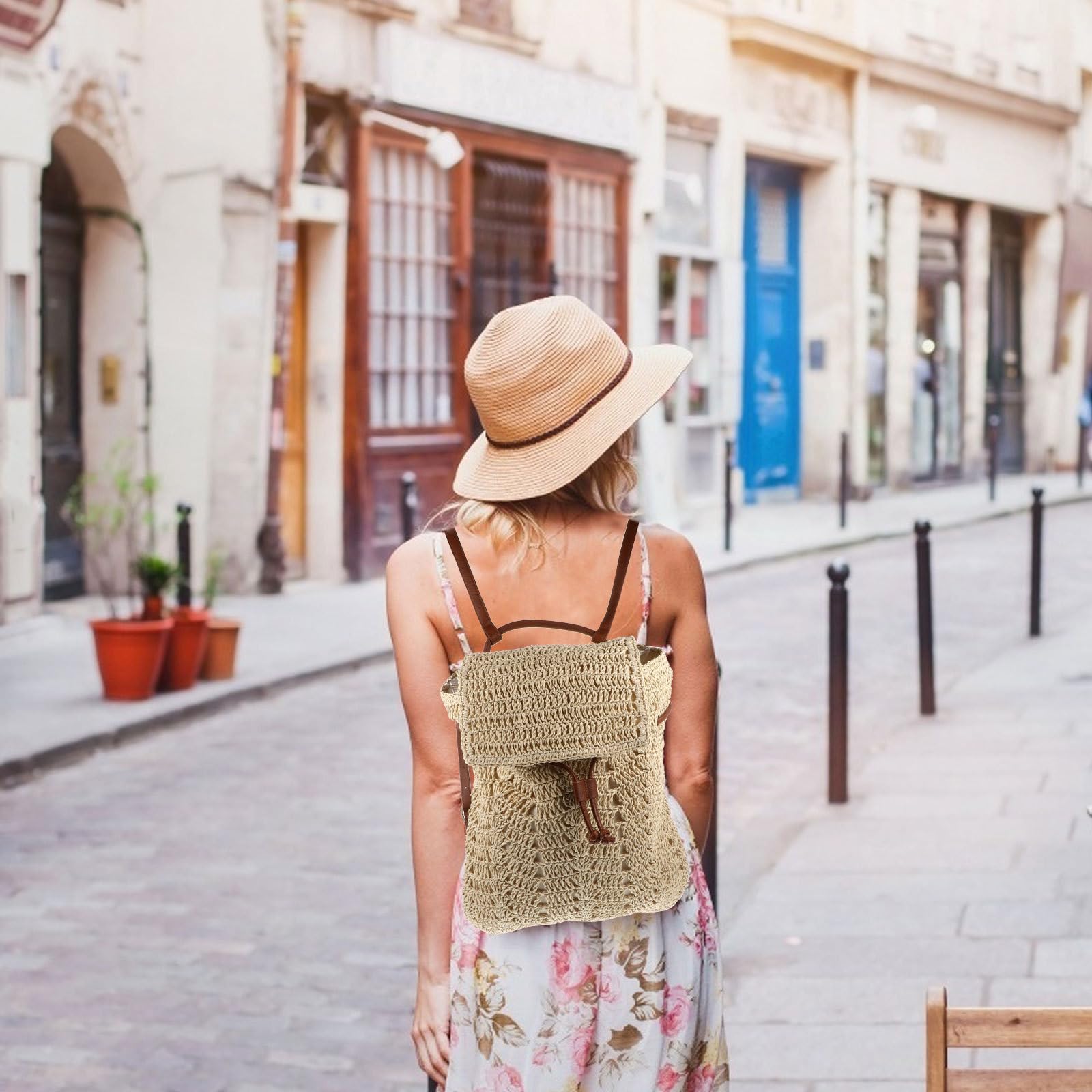 Zerodeko Bolsa de Playa Beige de Paja para Mujer, Bolso de Hombro y Mochila Doble Uso Cierre de Cordón, para Verano y Salidas, Bolso Ligero Espacio para Almacenamiento de Cosméticos