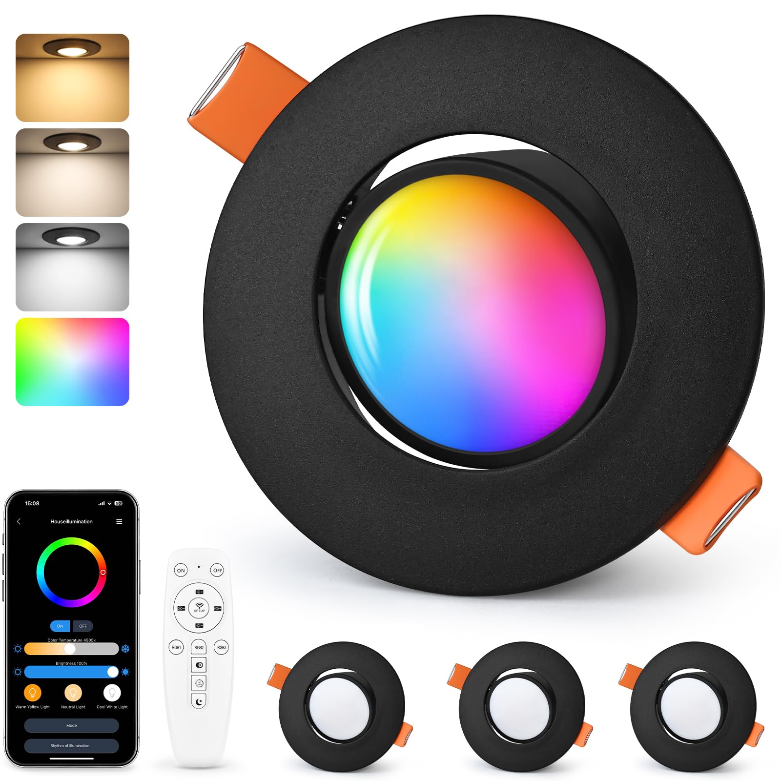 GeyouLux LED Recessed Spotlight RGB Black, Smart LED Spotlights 230V 2700K-6500K Dimmable with App & Remote Control, 68-80mm 5W IP44 Ultra-flat, 45° Rotatable Recessed Lights for Living Room, 4 Pieces