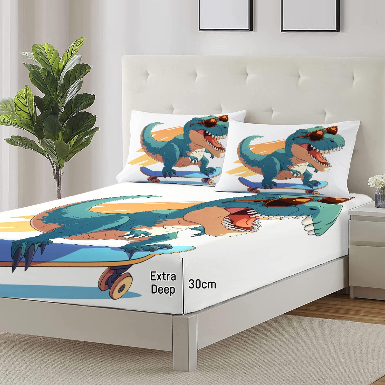 Lenzuola Letto Matrimoniale 140X200Cm Poster Di Dinosauri Lenzuolo Con Angoli In Microfibra - Profondità 30 Cm, 3D Stampa Animali Dei Cartoni Animati Coprimaterasso Traspirante E Lavabile Federe