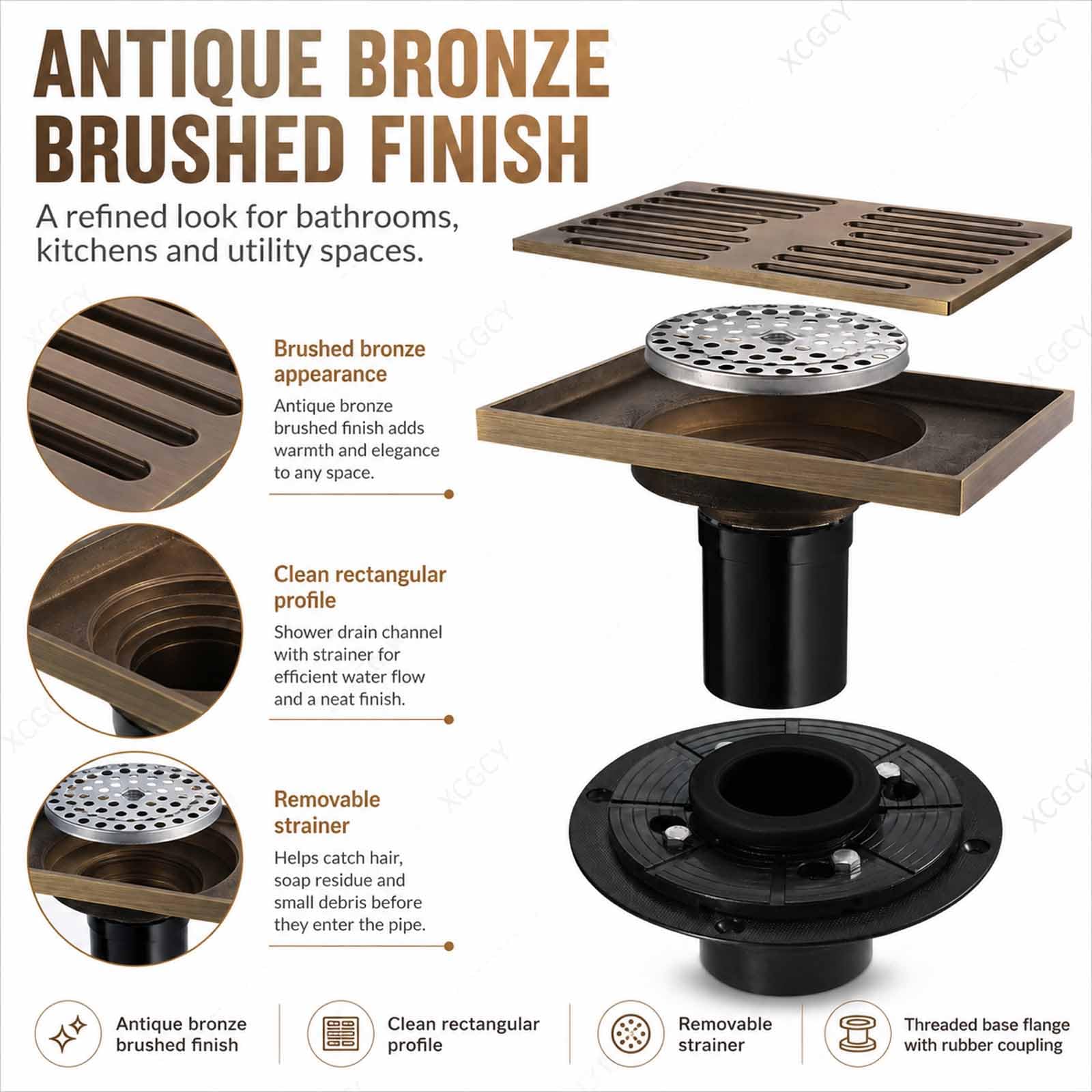 Bonde De Douche en Laiton Antique, 140 X 90 Mm, avec Crépine Amovible, Tuyau Droit Et Bride, Drain De Sol Robuste pour Salle De Bain, Cuisine, sous-Sol, Douche, Maison Et Rénovation