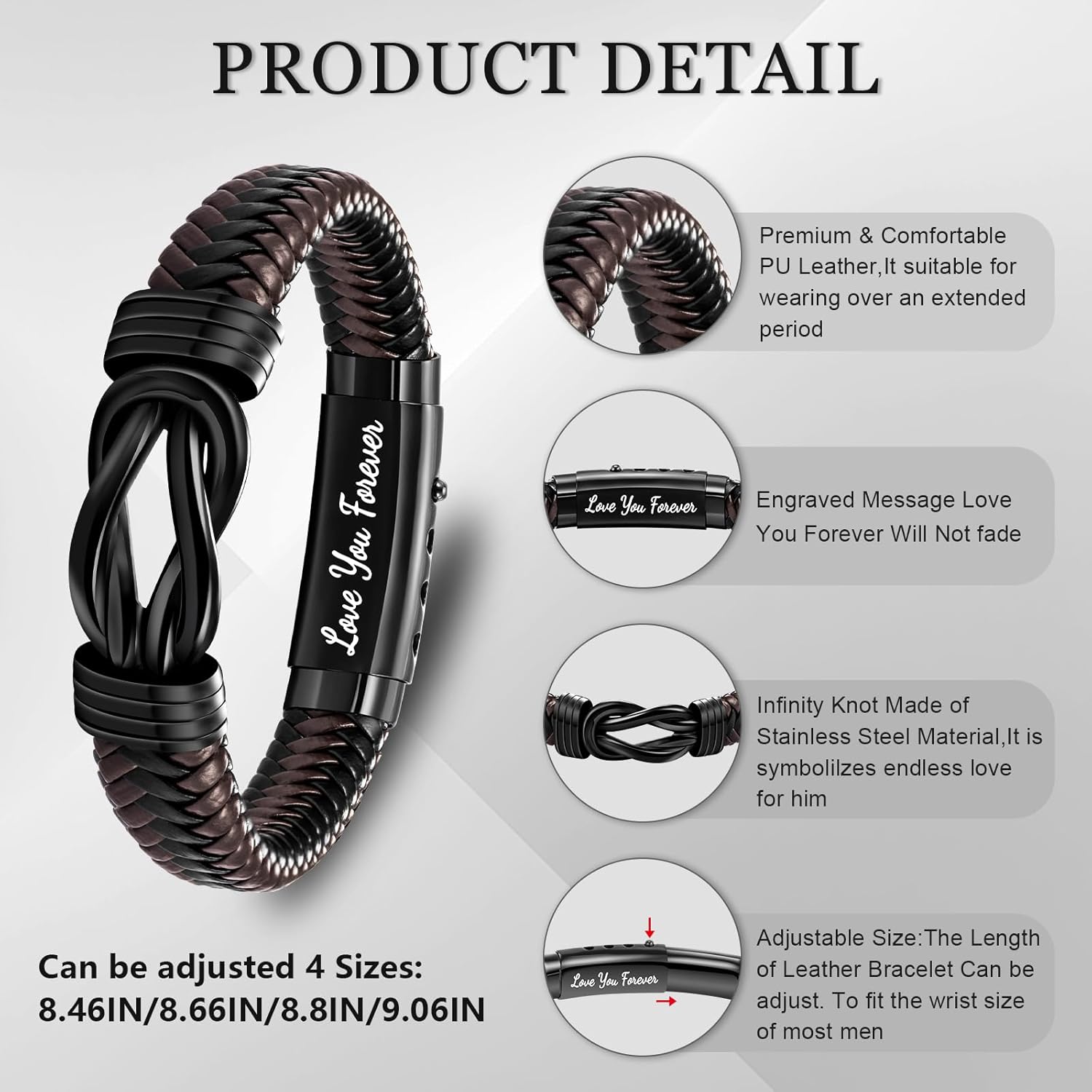 Leather Bracelet Gifts For Son/Husband/Men,Mens Bracelet With Stainless Steel Adjustable Clasp,Infinity Bracelet Jewelry Gifts For Birthday Christmas Anniversary - Image 5