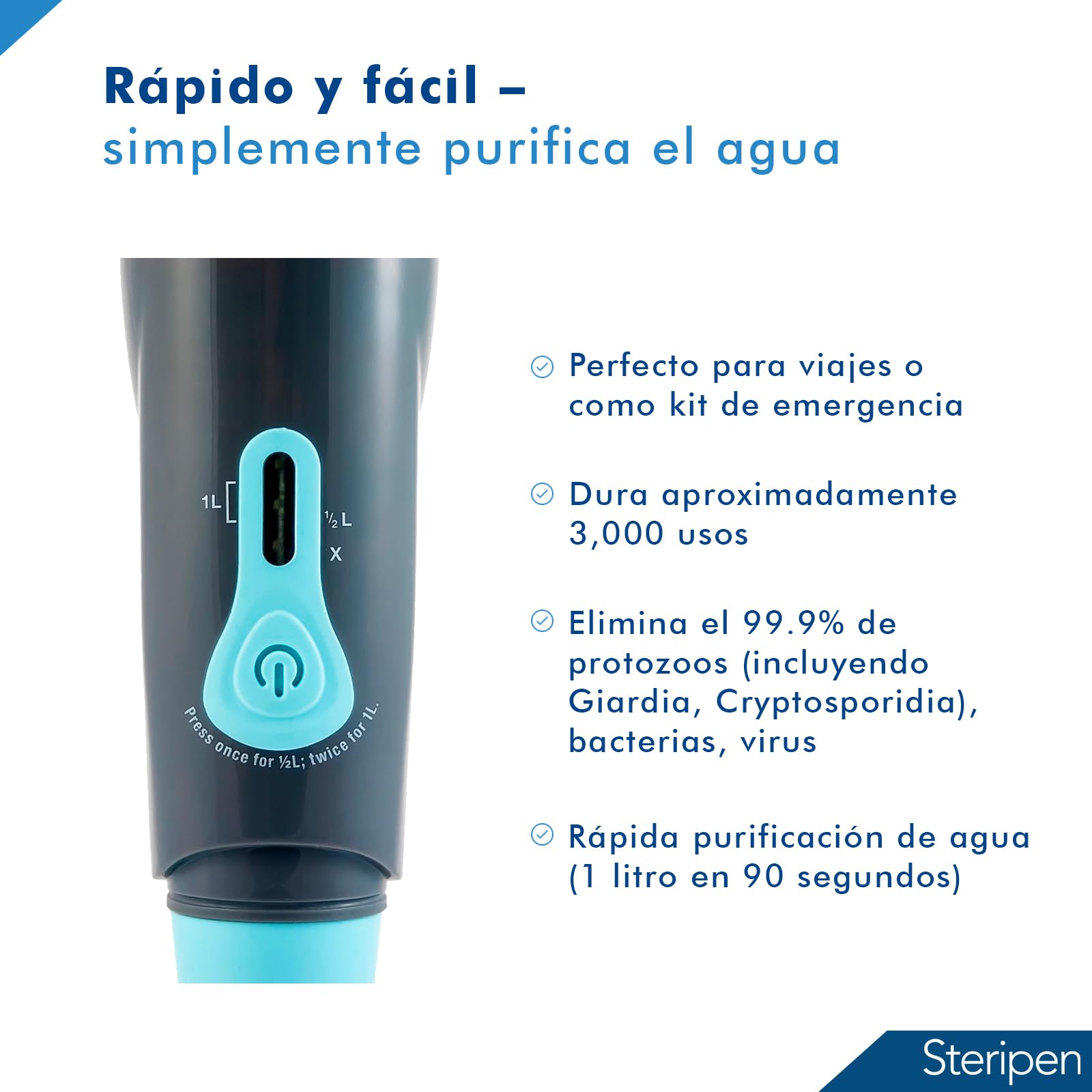 Purificador de agua SteriPen Aqua UV - Ideal para viajes y aventuras al aire libre - Elimina el 99,9% de virus, bacterias y protozoos en 90 segundos, de forma segura y sin productos químicos.