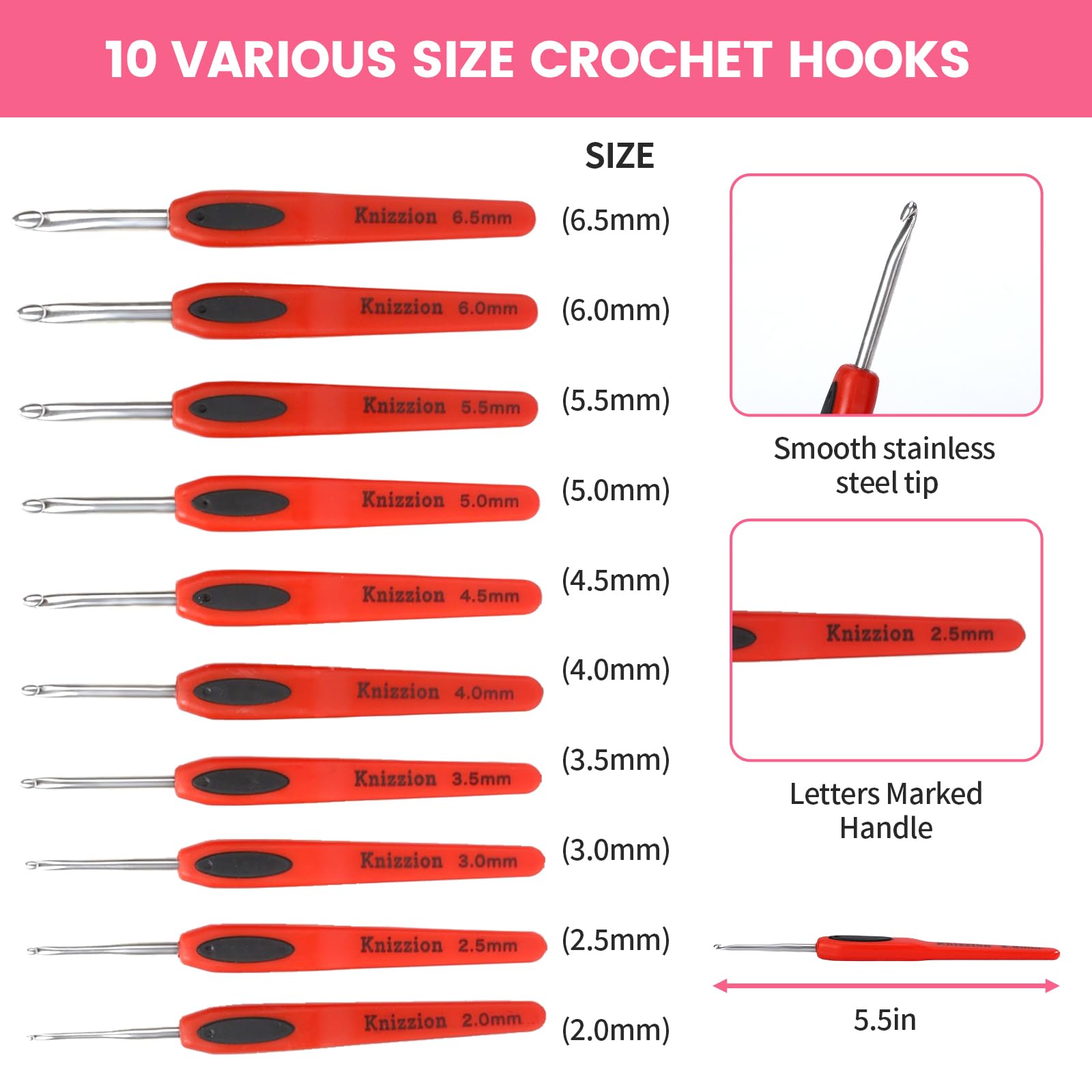 Juego de 37 ganchos de ganchillo, 10 tamaños (2.0-6.5 mm) de acero inoxidable con asas ergonómicas con funda E, perfecto para principiantes y profesionales, kit de ganchillo duradero para todos los