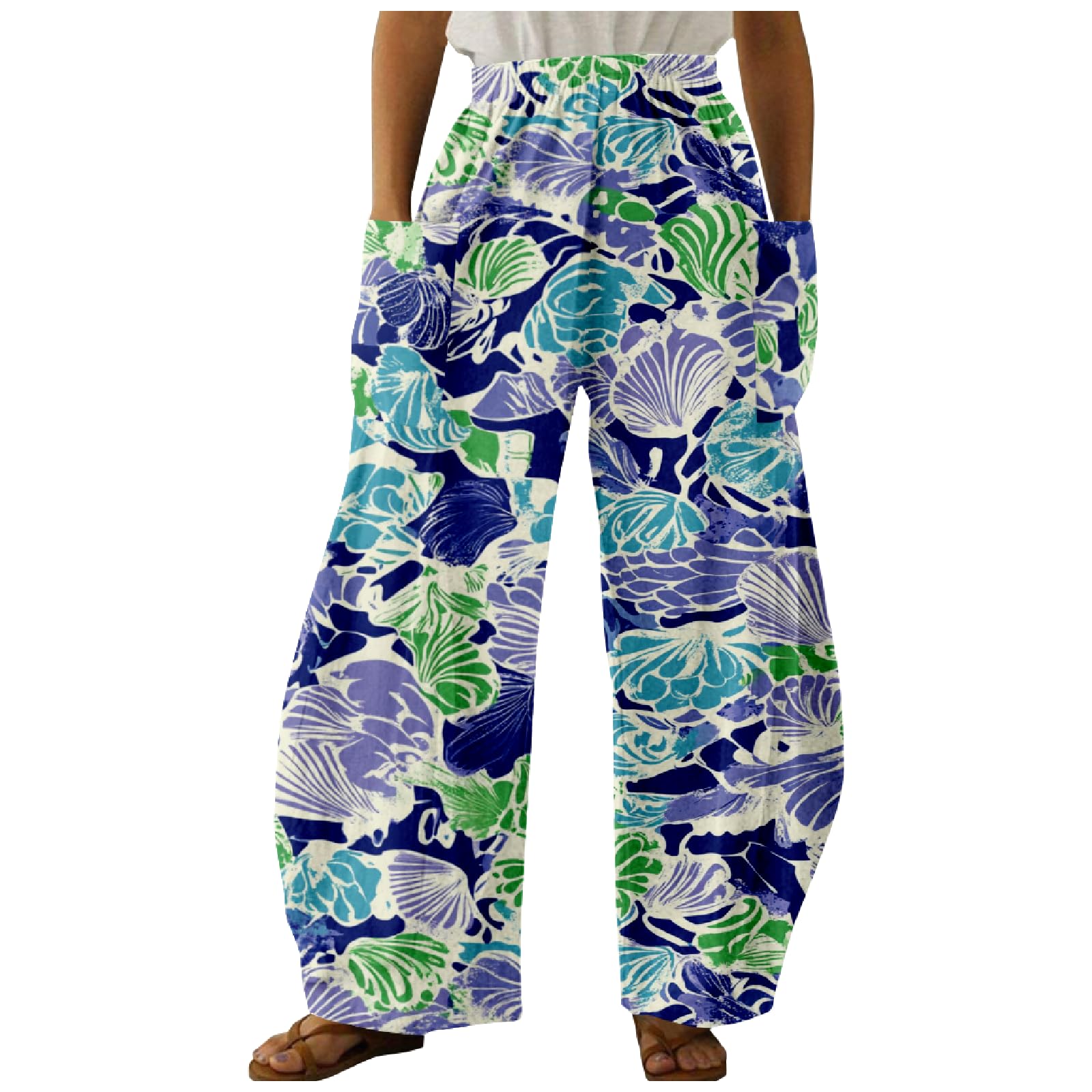 MARSVOVO Womens Summer Pants Lounge Comfy Elastic High Waisted Trousers Casual Beach Pants with Pockets