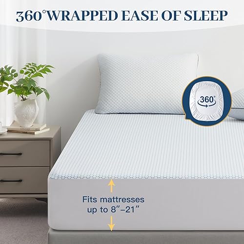 Miniatura 8 de Protector de colchón refrescante tamaño King, sábana bajera impermeable, funda de colchón elástica de 8 a 21 pulgadas de profundidad con banda de