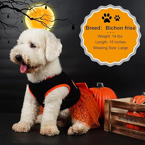 Miniatura 7 de cyeollo Vestido de Halloween para perros, ropa de fiesta de Halloween, lindo estampado de leopardo, calabaza, vestido de tul para perros pequeños