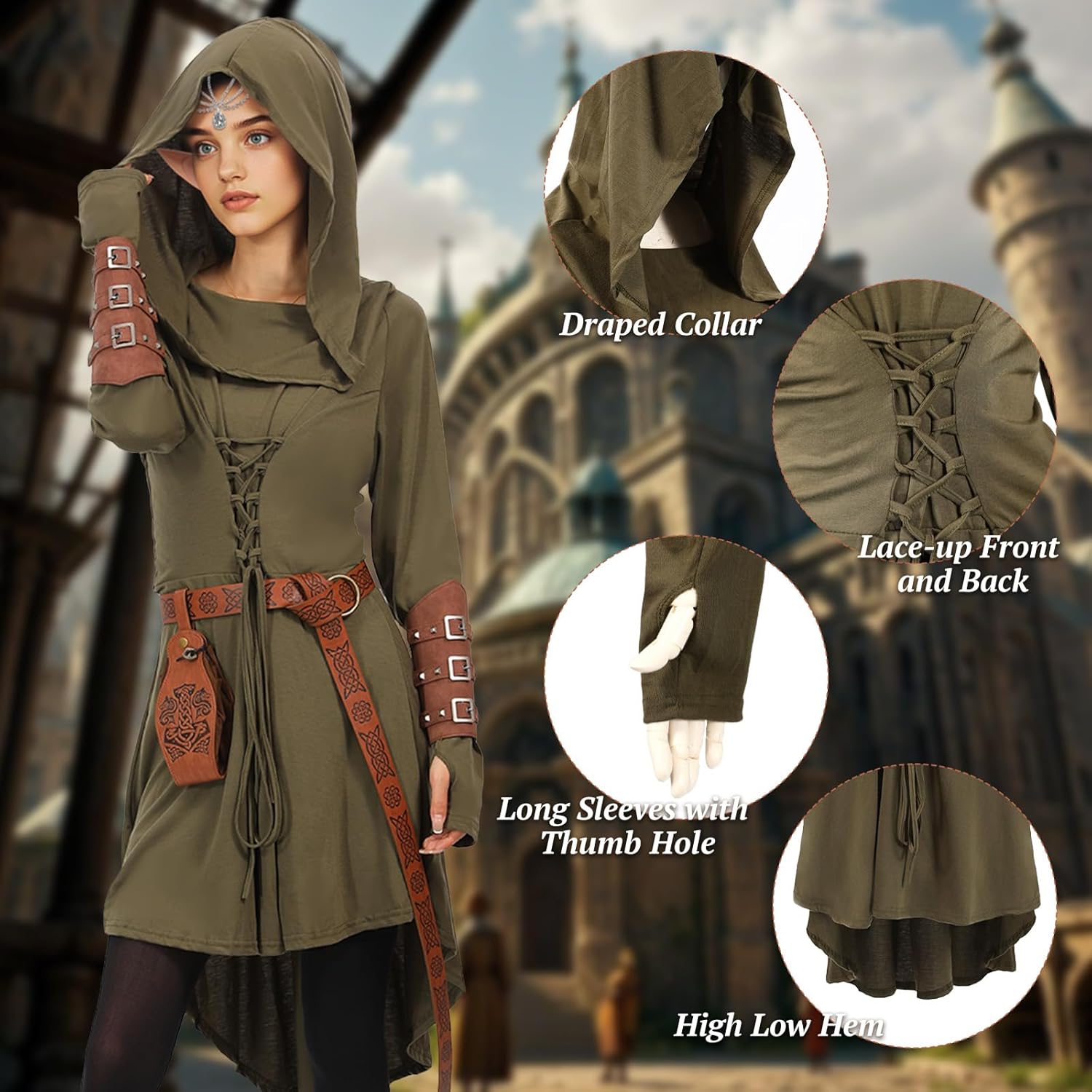 7PCS Renaissance Medieval Costume Women, Hooded Fairy Dress Lace Up Outfits with Vintage Arm Pouch Belt Faux Leather - Image 2