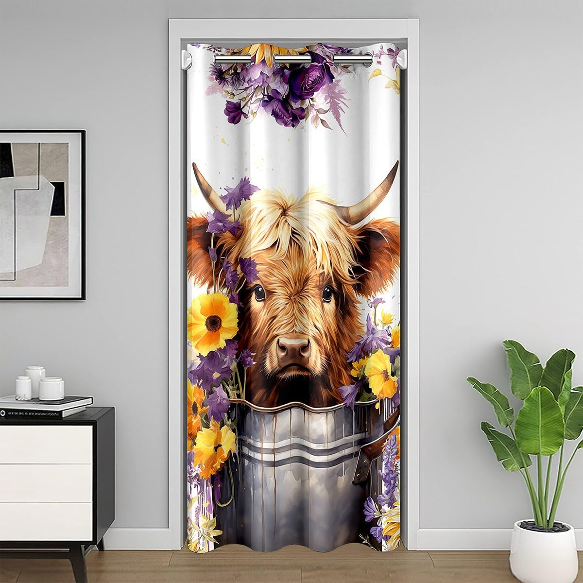 richhome Highland Cattle Door Curtain For Doorway Privacy,Yellow Sunflower Rustic Sliding Closet Door Curtains Cute Farm Animal Privacy Curtain Cover For Room Divider Highland Cow,W42 X L80