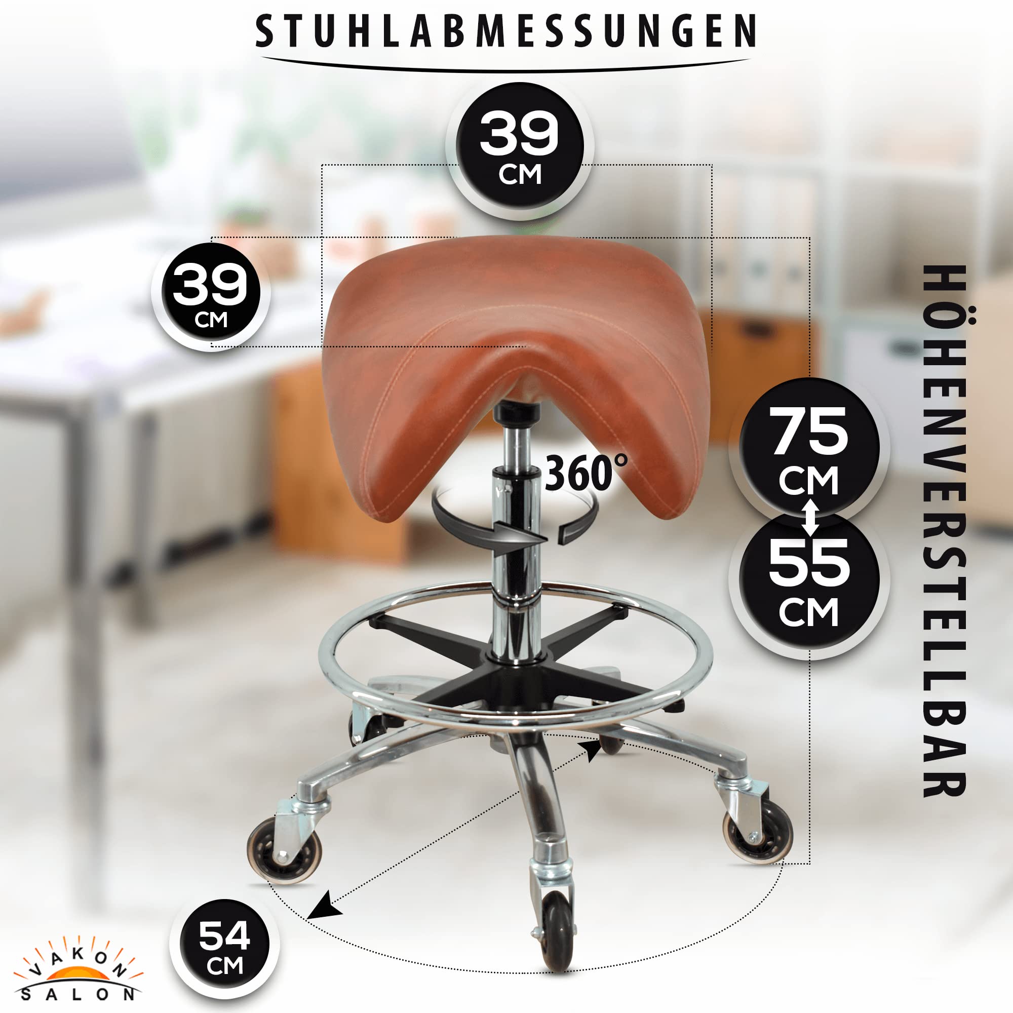 Premium Sattelhocker Hellbraun, Sattelstuhl für Rückenentlastung, Rollhocker höhenverstellbar von 55-75 cm mit Fußring, Drehhocker, Praxishocker, Bürohocker, Arbeitshocker