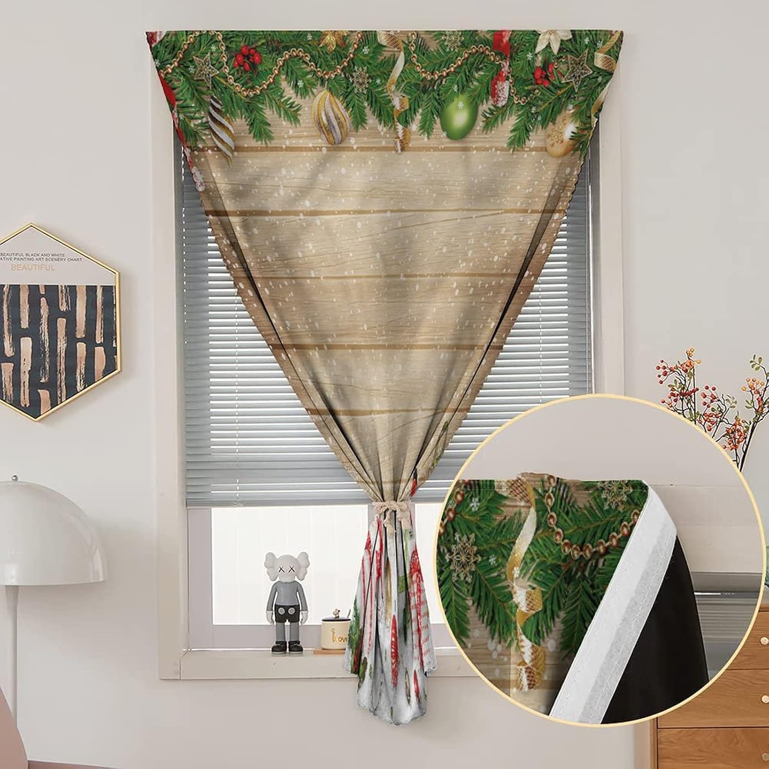 Self Adhesive Portable Blackout Curtains, Christmas Room Darkening Curtains, Pine Wood Planks Snow Print Temporary Blackout Blinds,59W x84L Inch, for Nursery,Children Kids Bedroom or Travel Use