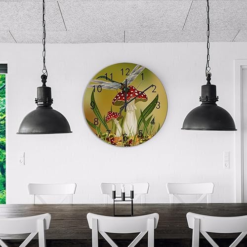 Miniatura 4 de Kuizee Reloj de pared de madera, silencioso, sin tictac, libélula, hongos, bosque, funciona con pilas, sin marco, decoración sin marco, para el