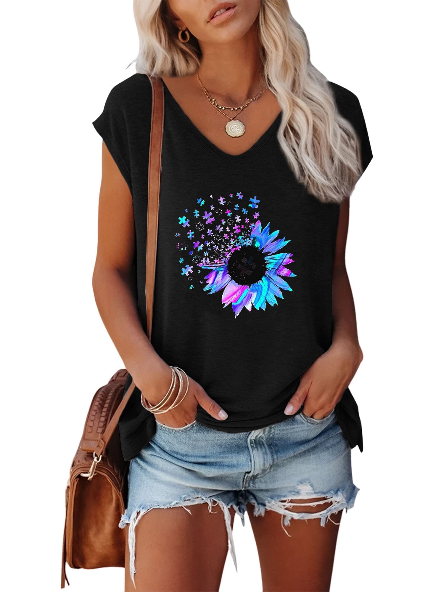 Anbech Cap Sleeve Tops Women Graphic V Neck Shirt Solid Print Casual T-Shirts