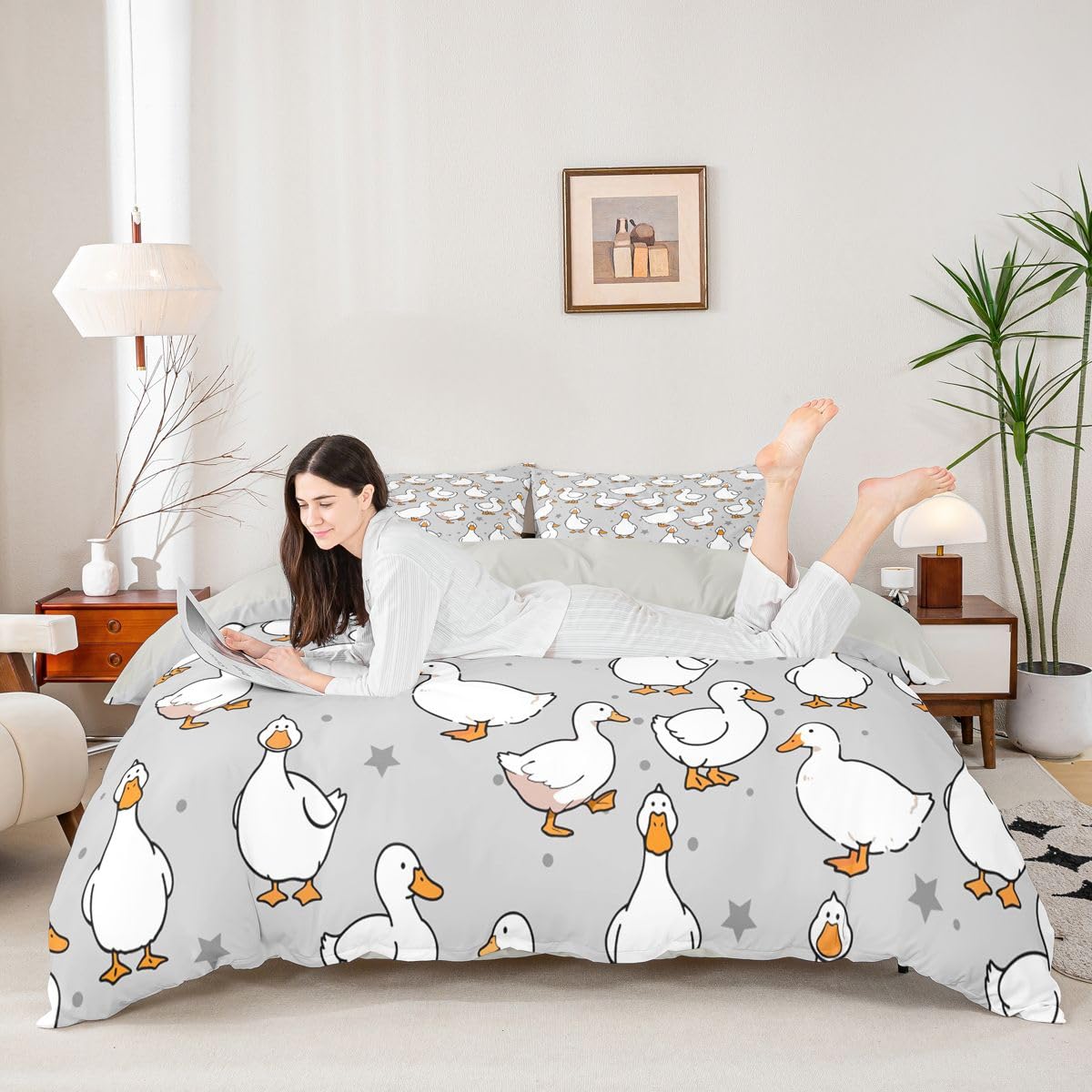 Loussiesd Juego de funda de edredón de pato Kawaii tamaño doble, para niños y niñas, juego de ropa de cama de pato divertido, transpirable, suave, regalo para amantes de las mascotas, colcha de 3