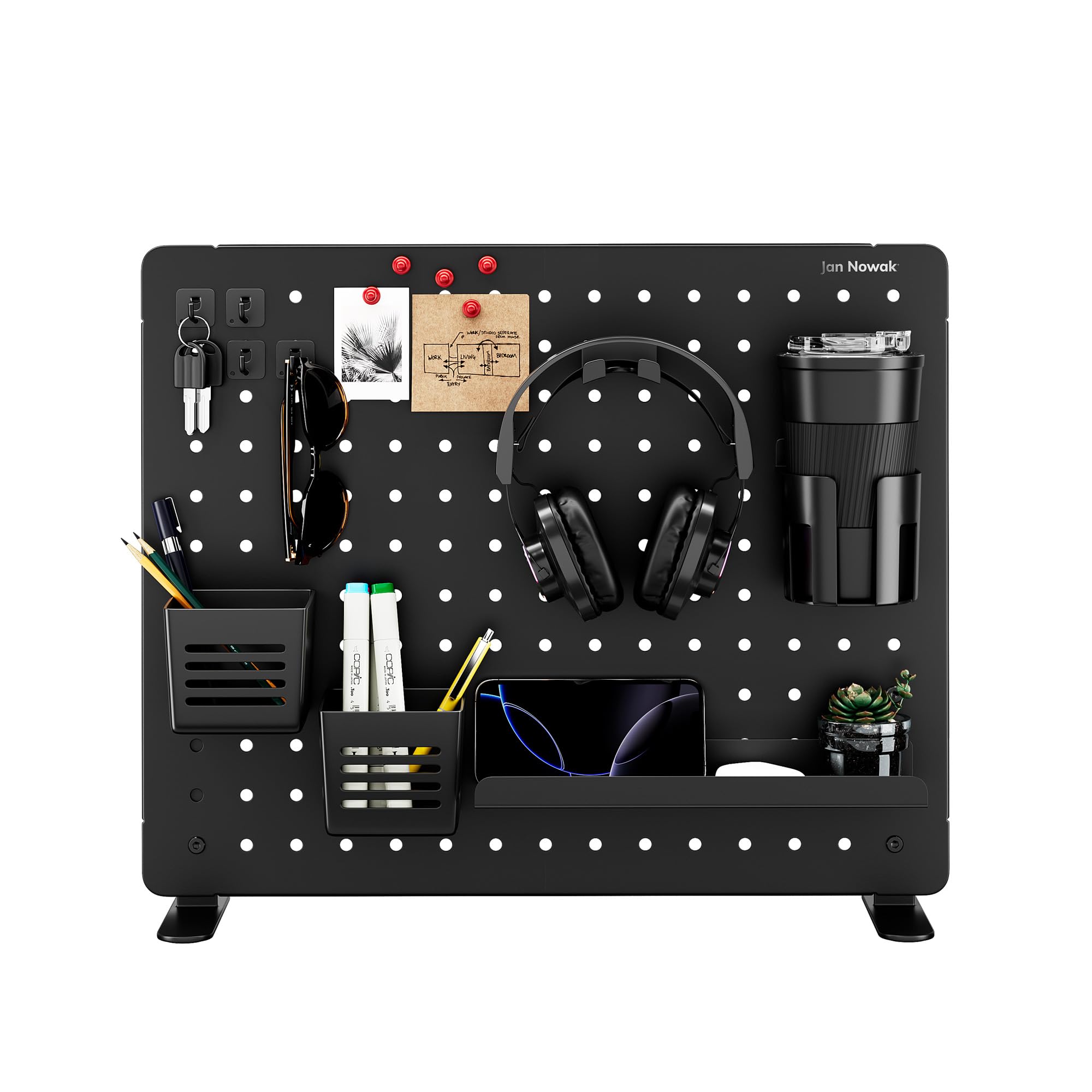 Jan Nowak pannello forato da scrivania in metallo 51,5 x 42 x 1,3 cm pegboard organizer ufficio con mensola portapenne ganci magneti sistema modulare