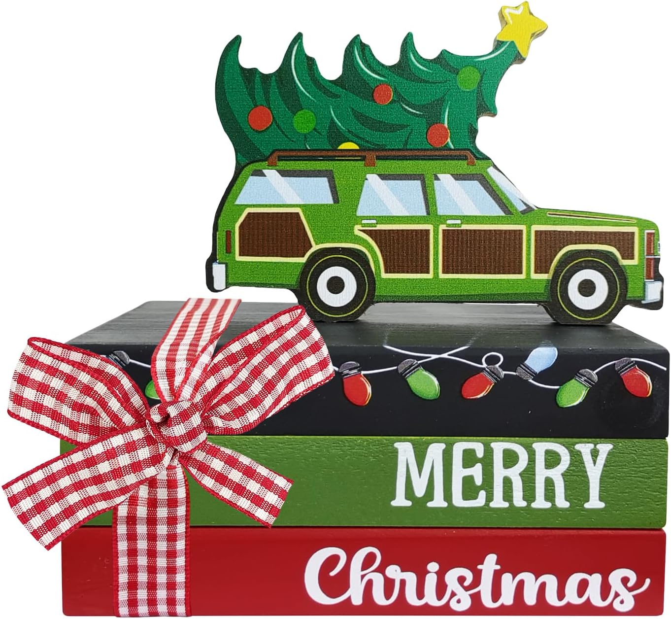 Merry Christmas Vacation Mini Wood Book Stacks, Xmas Classic Movie Car Tree Tiered Tray Decor, Funny Winter Holiday Decorative Wooden Sign, Farmhouse Rustic Shelf Table Home Decoration with Bow Christmas Movie
