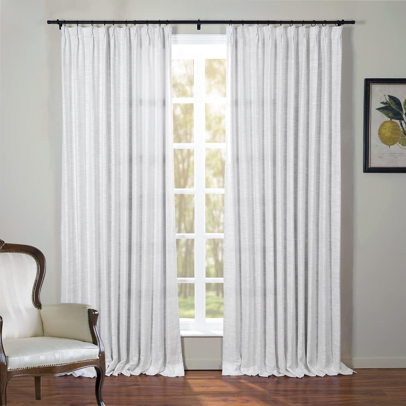 ChadMade Pinch Pleat Drape 63 Inches Long Natural Linen Blend Curtain for Kitchen, Durable Light Filtering Curtain Privacy Protection Window Treatment (W27 x L63, 1 Panel, White)