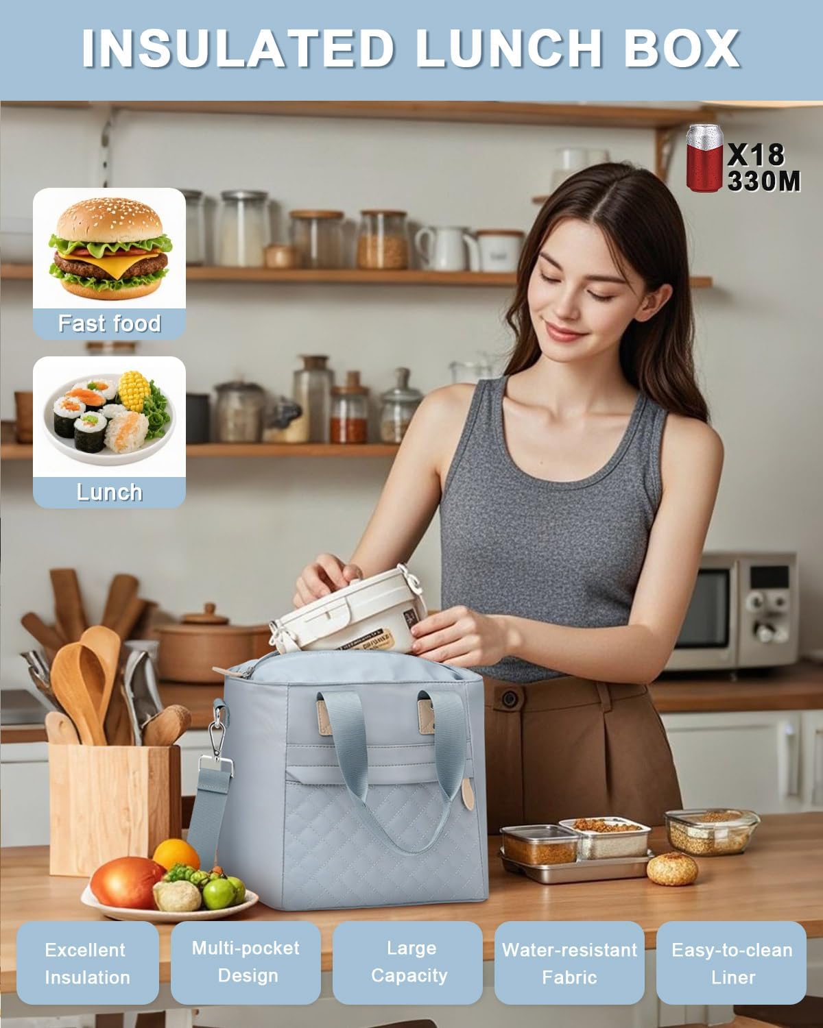 Insulated Lunch Box for Women & Men - Large Thermal Lunch Bag Women with Removable Shoulder Strap, Reusable Lunch Cooler Tote Bags Purse for Adults Work, Picnic, Hiking, Beach, Travel, Large, Blue