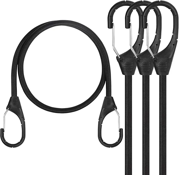 Joneaz Black Bungee Cords with Carabiner Hooks, 24 inch, Set of 4, UV resisitant, High Elastic Natural Rubber Latex Tie Down Cords