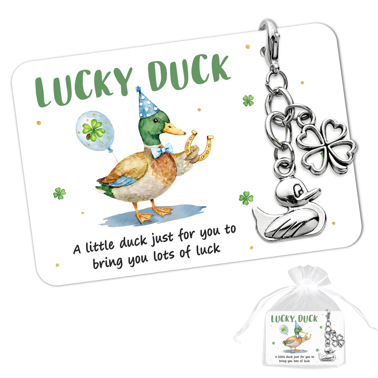 DOORIO Lucky Duck Keyring Gift with Card Good Luck Duck Keychain with Four-Leaf Clover Charm Good Luck Gift for Graduation Exam Birthday Encouragement Present for Friends Family