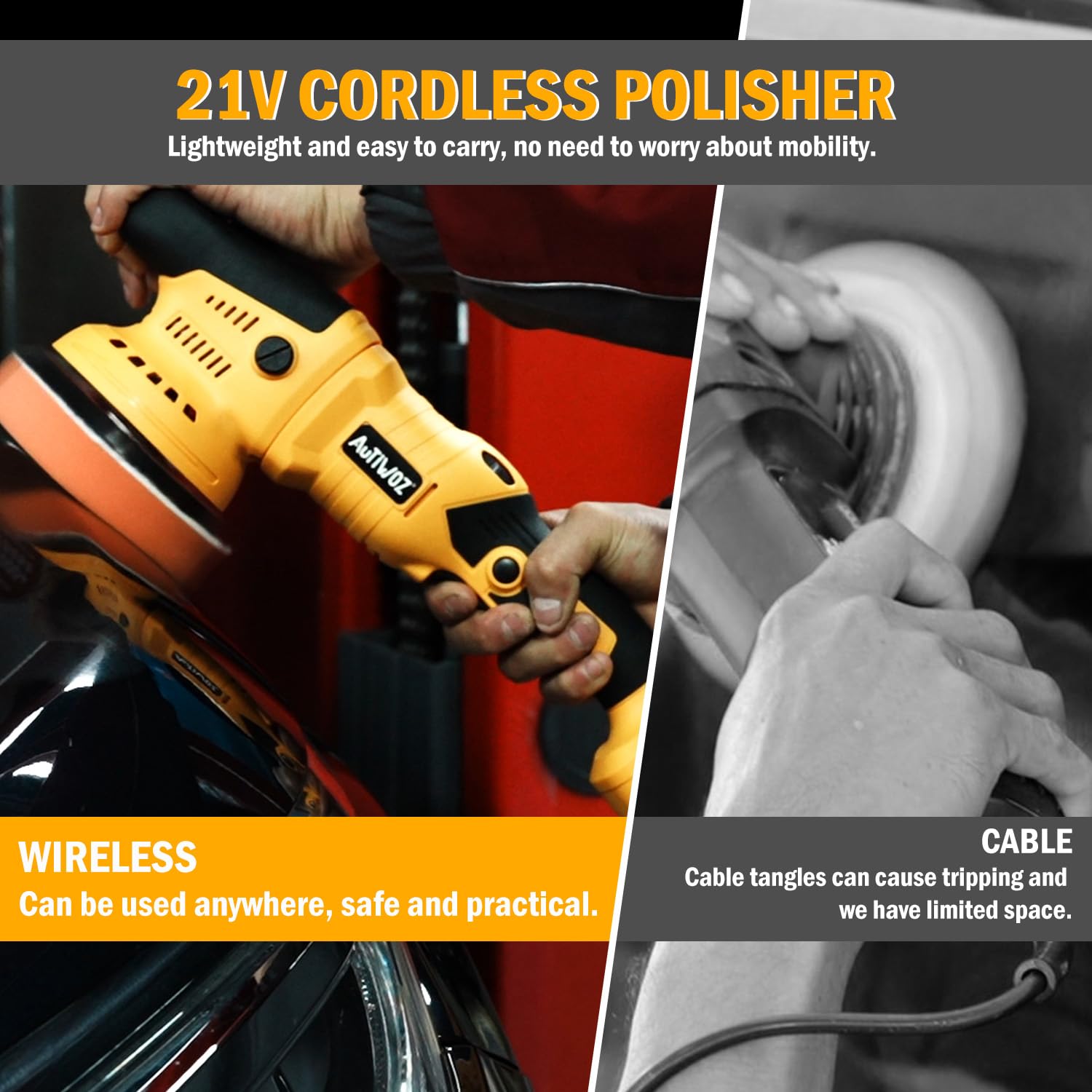AUTIWOZ Pulidora Batería 21V,Máquina Pulido Sin Cable/Excéntrico 9mm,Pulidora Profesional para Automóviles,Velocidad Variable 2800-5800RPM,Pulido y Lijado,2 Baterías,Esponja de Pulido 125mm