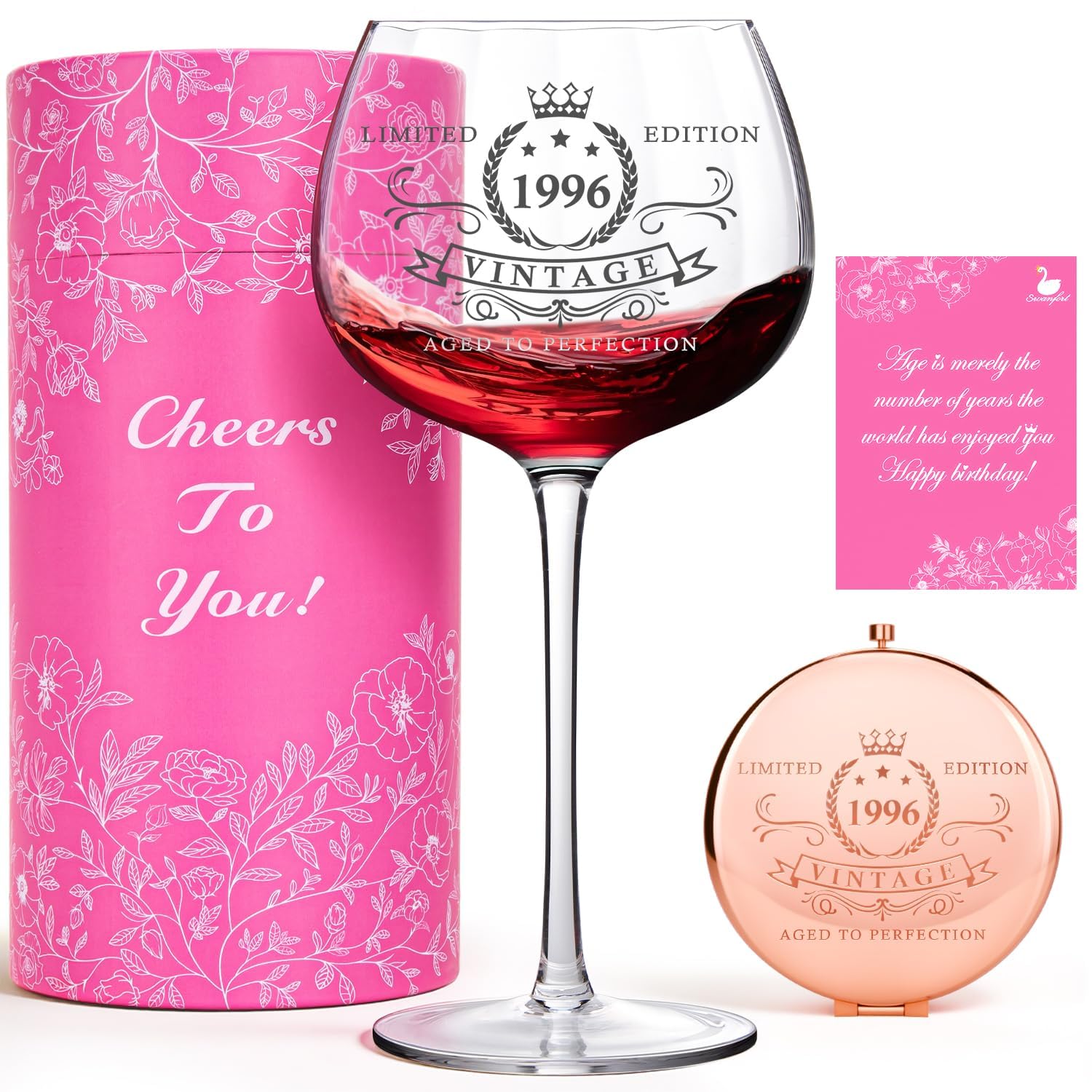 Swanfort 30 Geburtstag Frau Geschenk 1996 – Weinglas Set mit Box & Spiegel