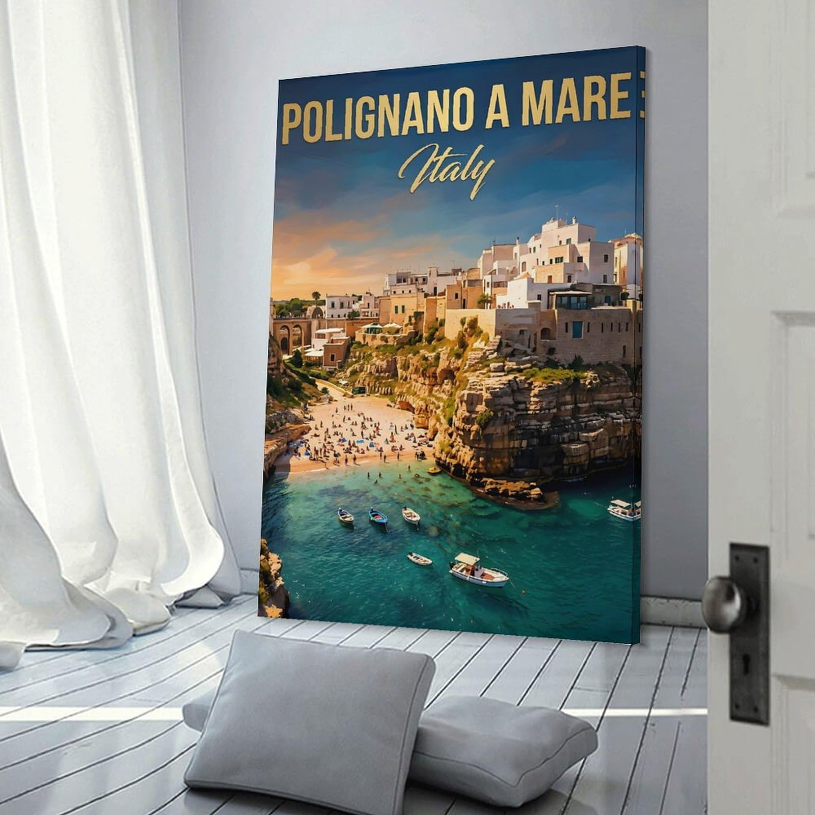 Junmoney Wall Decor Canvas Print Polignano A Mare, Italy Beach Scene, 16x24inch(40x60cm), for Study, Office Or Focused Interiors, Wall Art That Adds Style to Work Areas