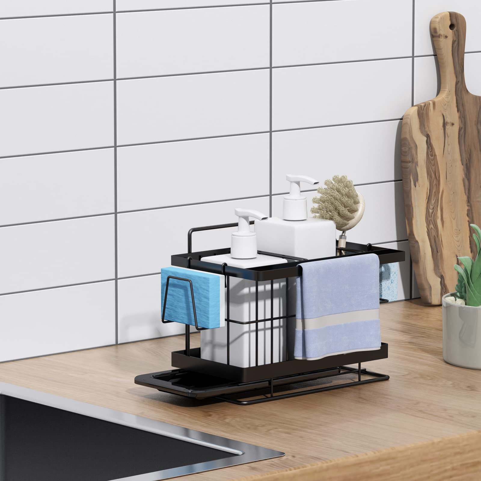 Yoassi Organizador de Fregadero Cocina, Sink Caddy de Acero Inoxidable, con Bandeja de Goteo, Soporte de Utensilios, Esponja, Estropajo, Negro (Negro)