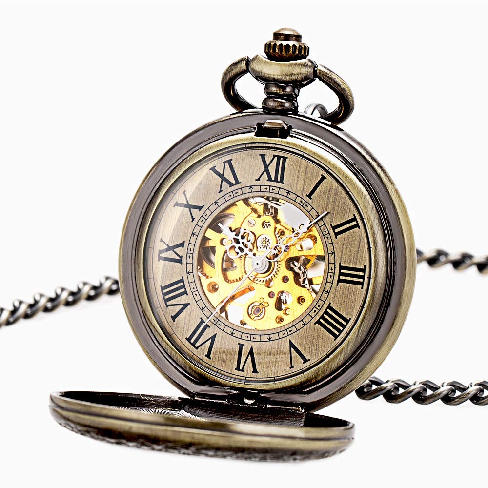 ManChDa Taschenuhr – Skelett-Taschenuhr, mechanisch, Lupe, spezieller Deckel, römische Zahlen, Fob Armbanduhr für Herren, mit Kette + Geschenkbox