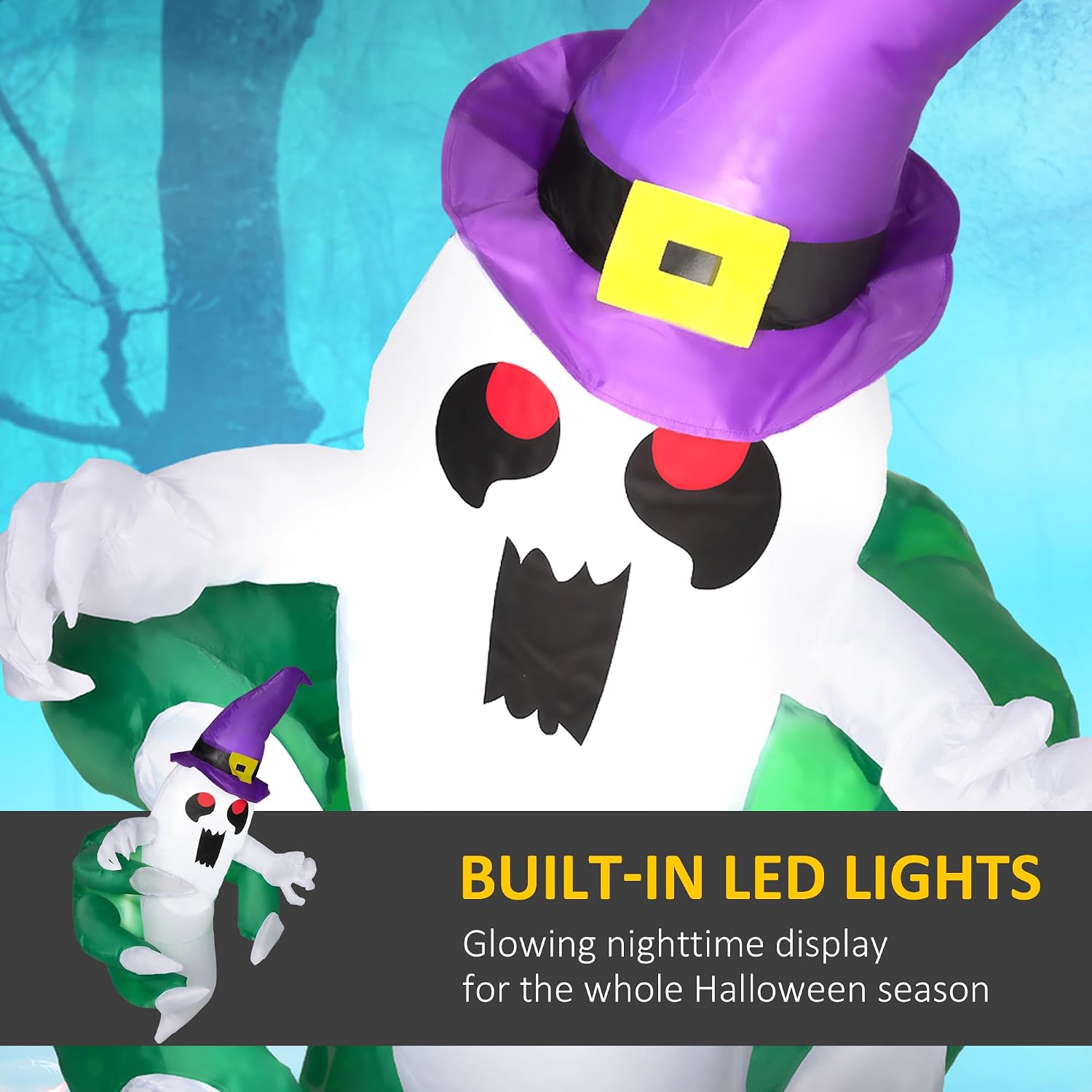 Outsunny 4ft Inflatable Halloween Decoration, Lighted Window Sticker Ghost in Hat, Blow Up Outdoor LED Yard Display, Waterproof