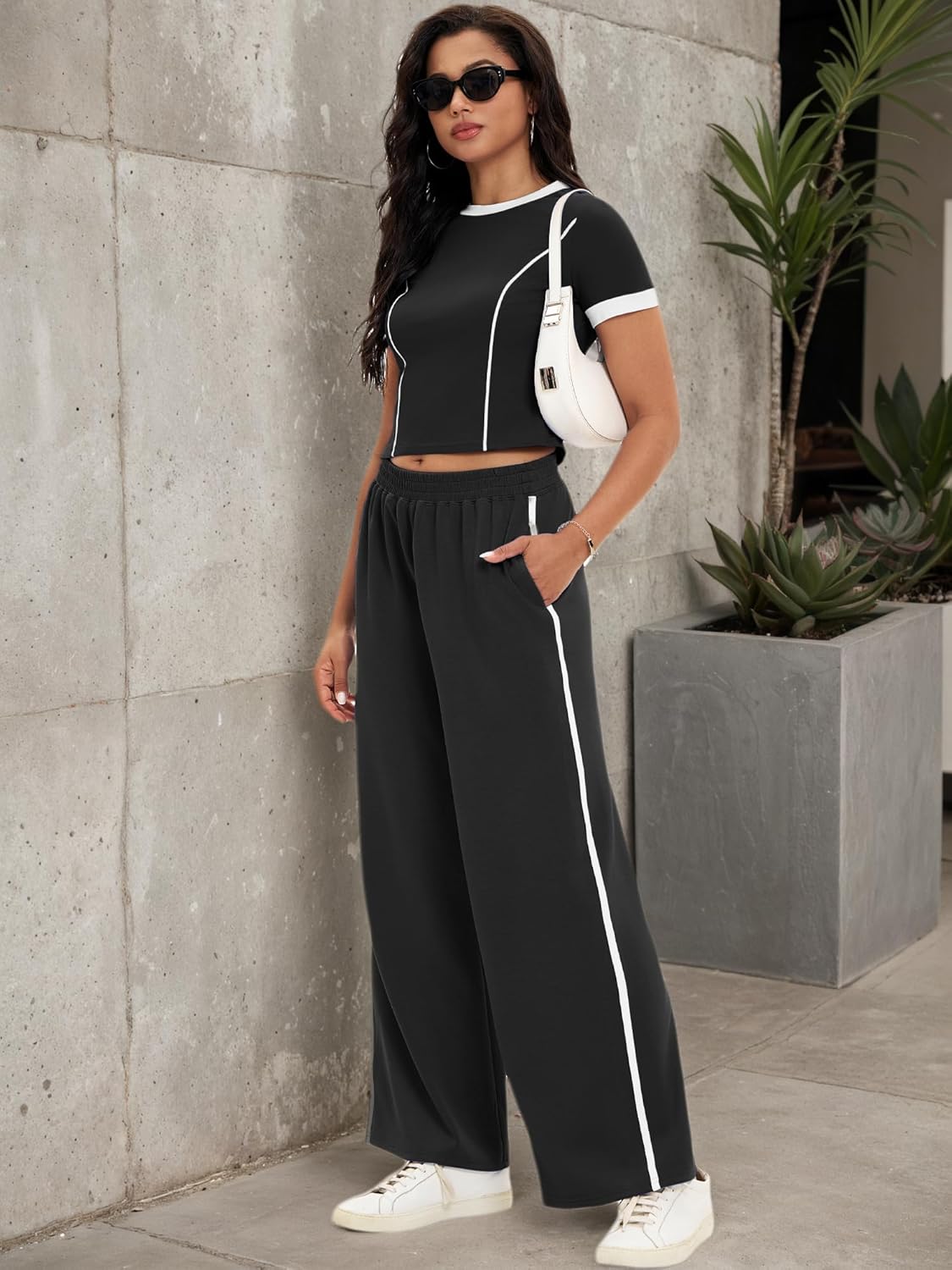 Tracksuit for Women Two Piece Set Short Sleeve Crop Tops Wide Leg Pants Summer Fall Outfits Color Block - Image 5