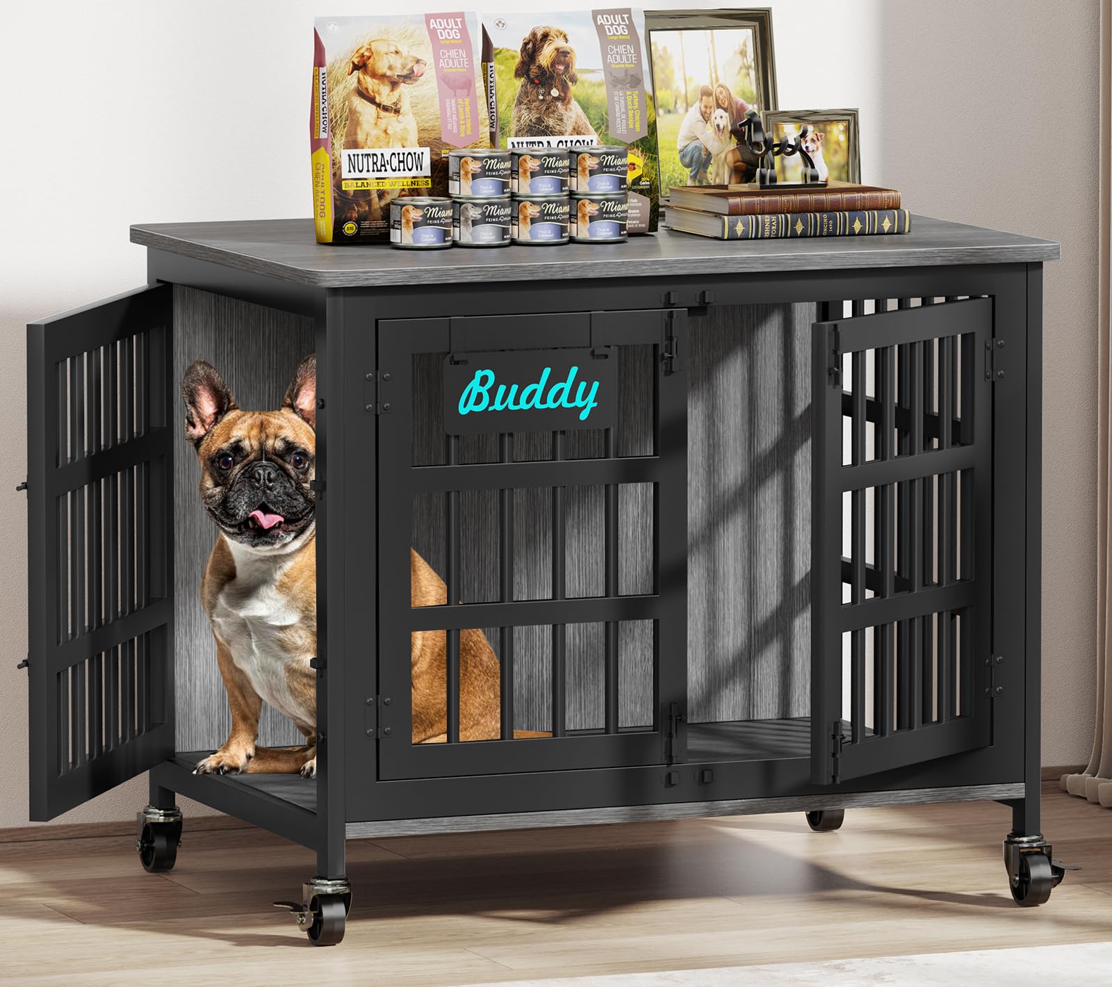 EasyCom 33"/27" Dog Crate Furniture with Name Tag, Heavy Duty Dog Kennel Indoor for Medium and Small Dogs, Double-Doors Sturdy Metal Dog Cage,