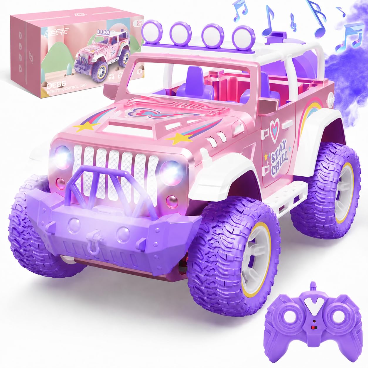 Joellfuner – Voiture Télécommandée Tout Terrain 1:18 – Jeep Cabriolet Rose – Phares LED – Avec Autocollants Diamant – Cadeau Pour Filles 6-12 Ans