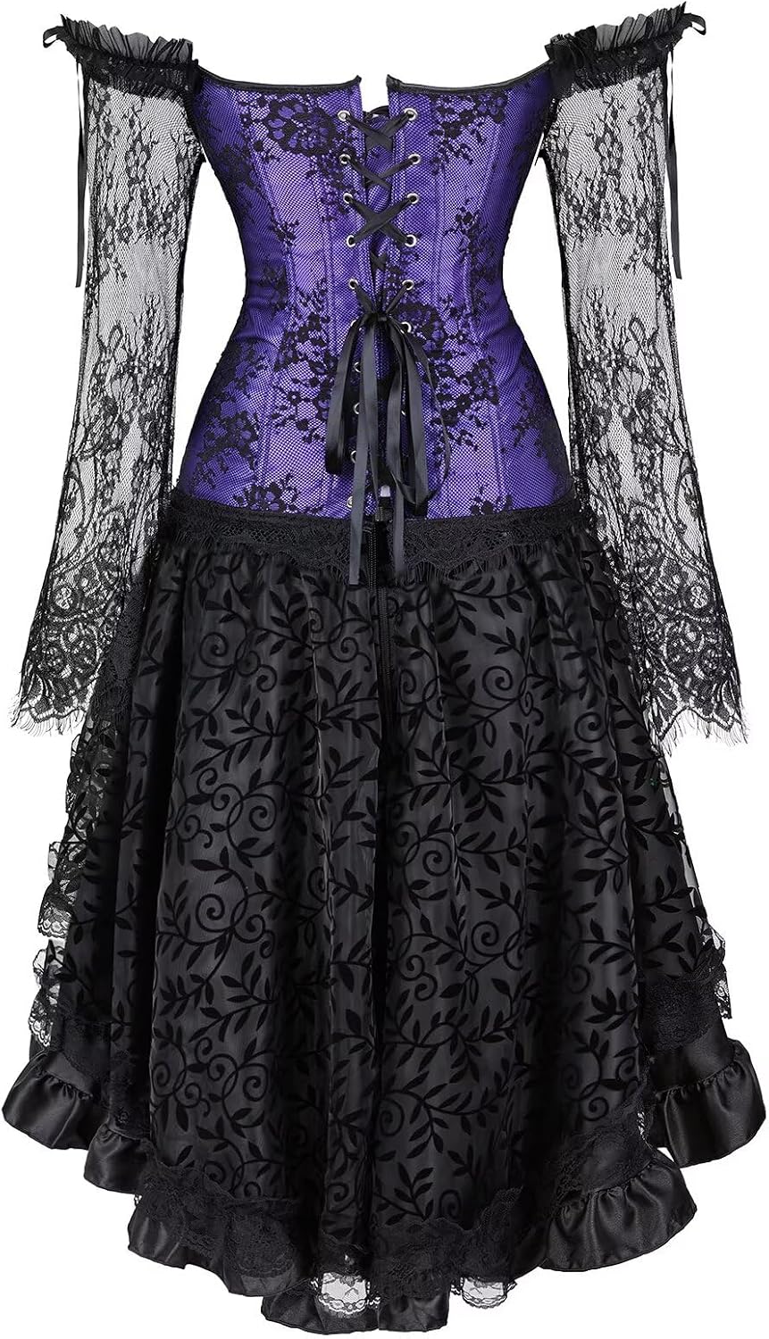 Jutrisujo Corset Top Skirt Set Dress Bustier Lace Long Sleeves Floral Plus Size Costume Halloween Women