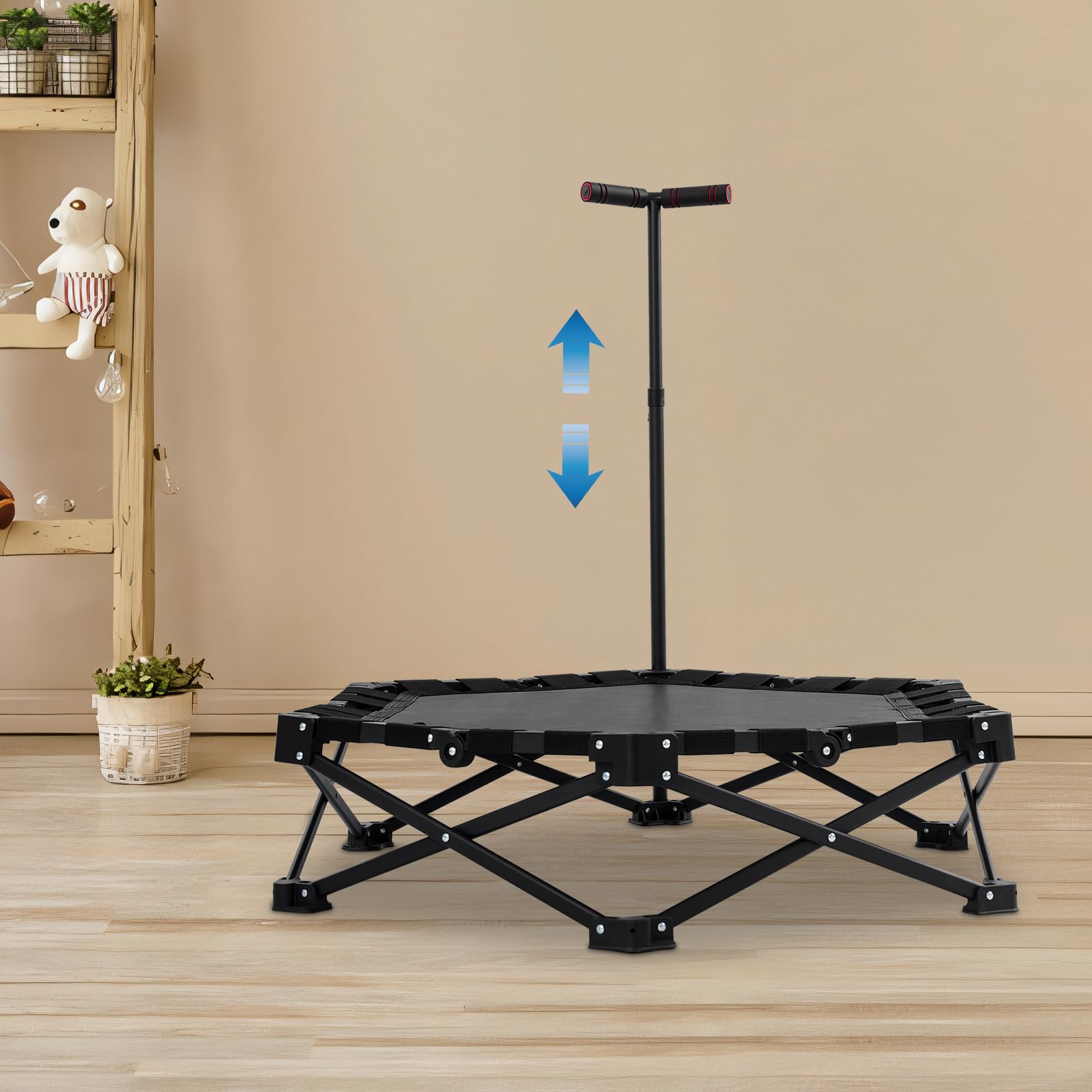 Składana mini trampolina fitness, dla dorosłych Ø 107 cm, 3 regulowane stopnie uchwytu, nośność 150 kg, stabilna i cicha (20 dB), do użytku wewnątrz i na zewnątrz