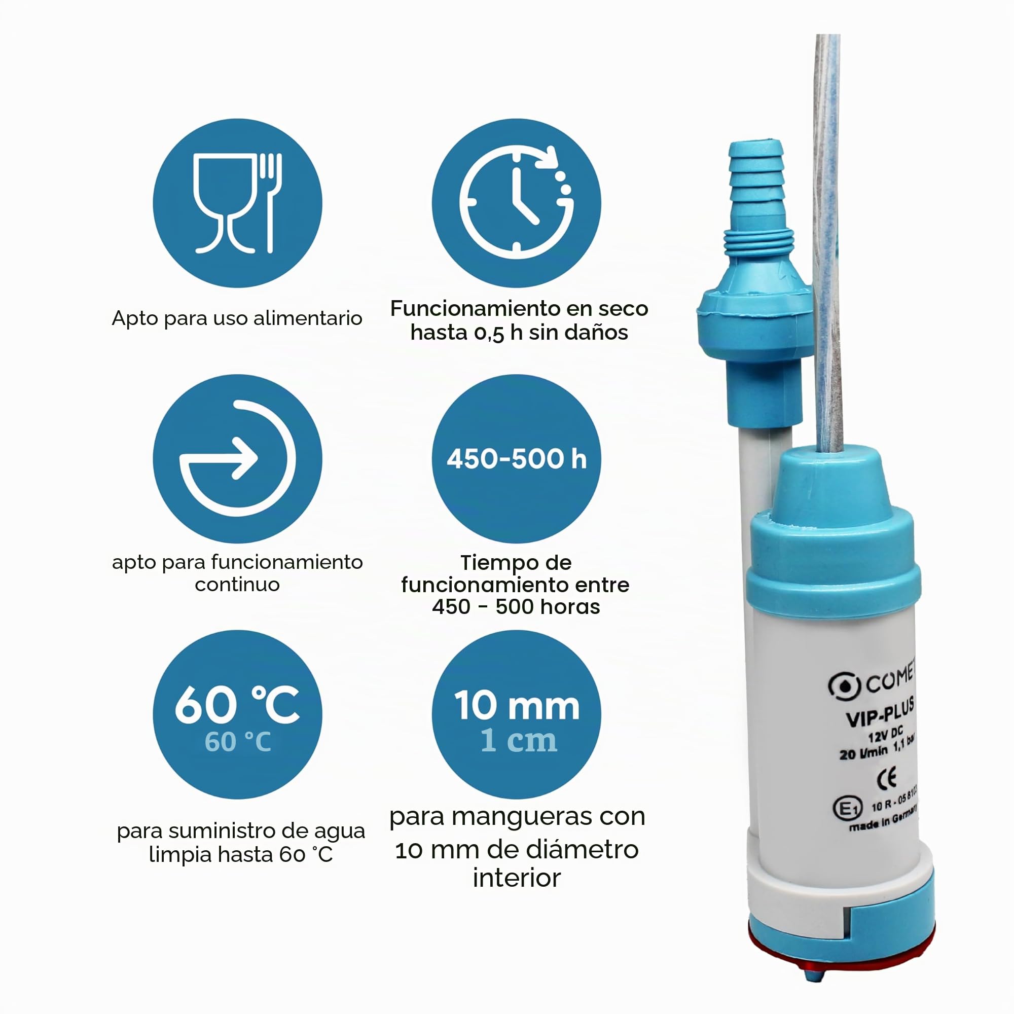 Comet VipPlus - Bomba de agua con válvula antirretorno (fija) + filtro con set de libro electrónico para camping, para autocaravanas, caravanas - bomba sumergible de 12 V