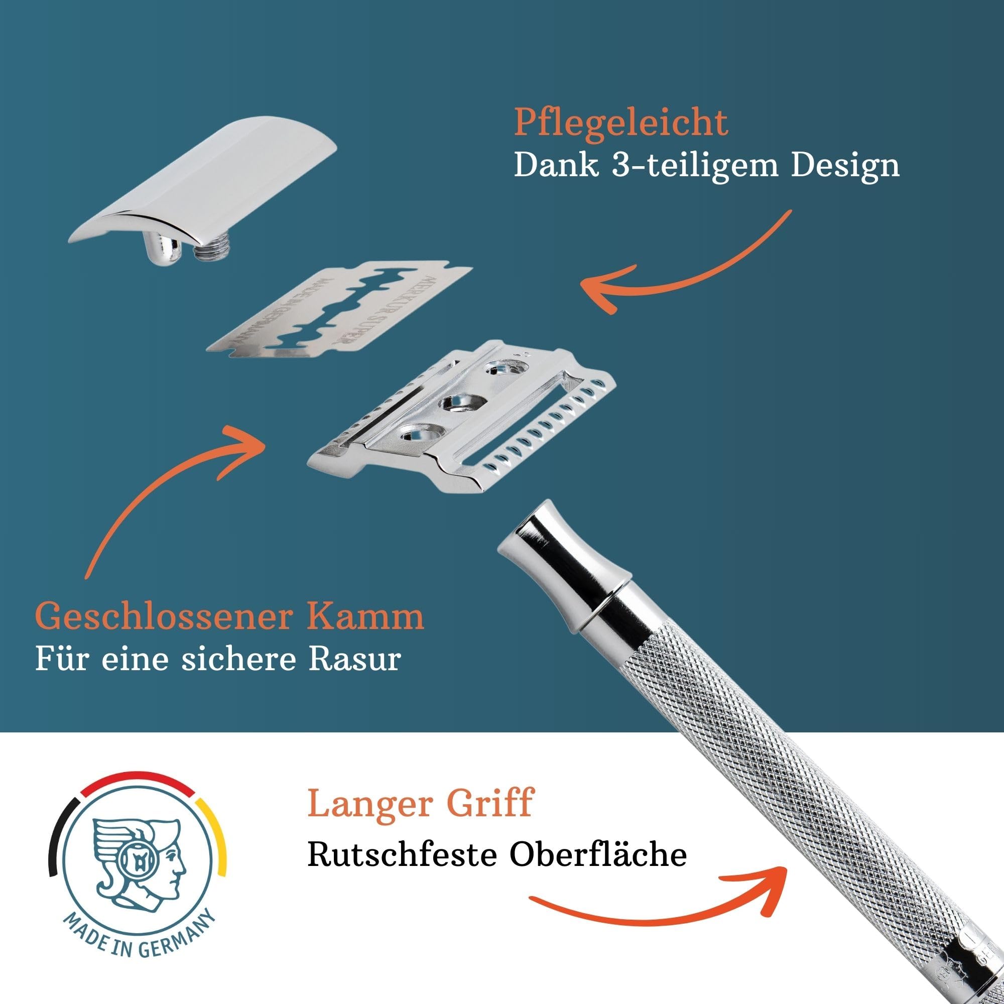 MERKUR 2381 Shaving Set with Stand Glossy Chrome | Three-Piece Razor with Straight Cut | Ideal for Wet Shaving | Die-Cast Zinc | Brass Handle | Made in Germany