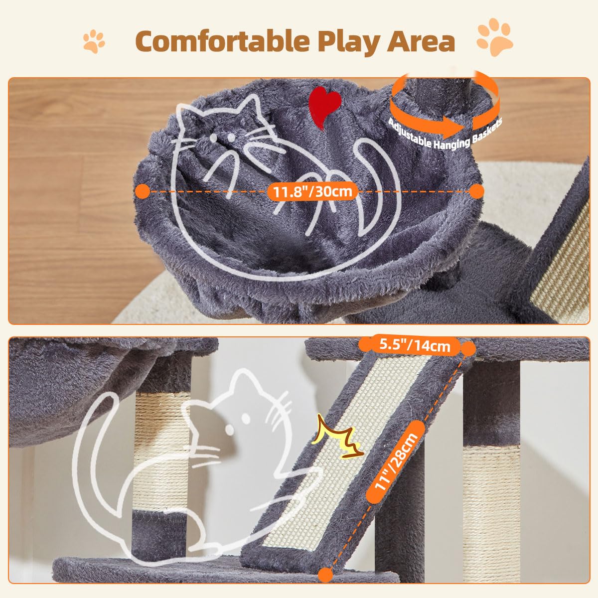 Taoqimiao Tiragraffi per Gatti, 98cm Stabile Albero Tiragraffi per Gattii con 1 Grotte, 1 Cestini, 4 Pali Graffiatoi, 1 piattaforme, Materiale di Flanella Morbida, Grigio Scuro MS029SG