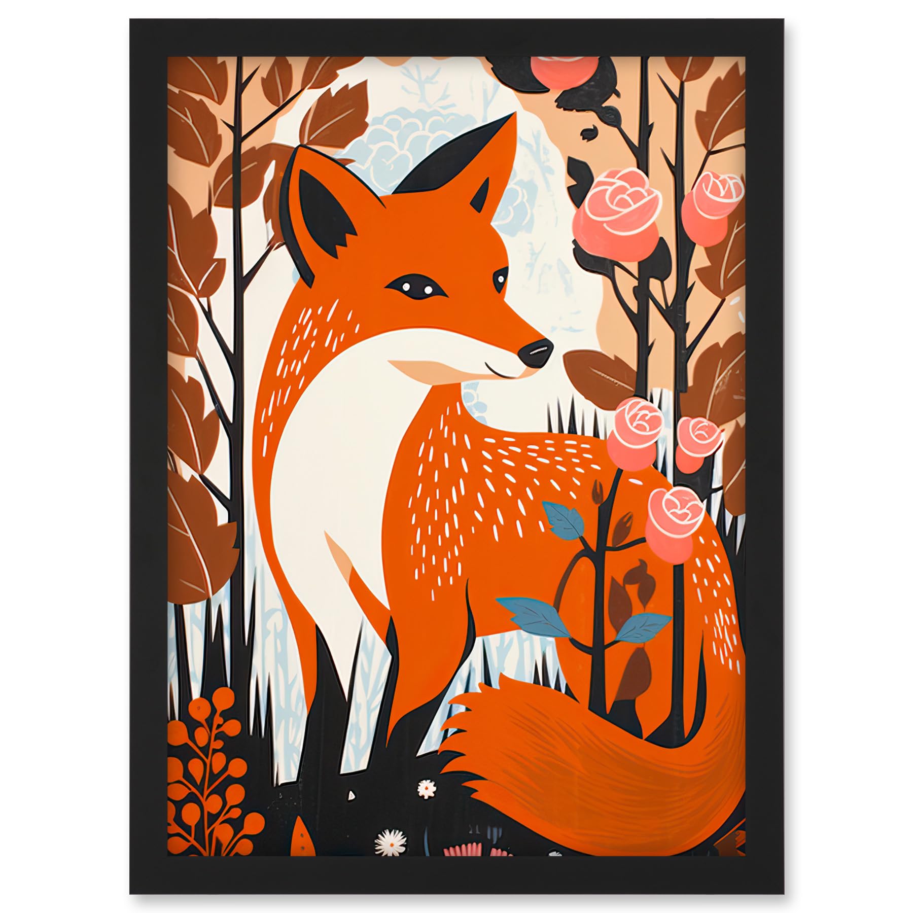 Artery8 The Fox and Rose Bush Pastel Colour Autumn Forest Landscape Flowers Artwork Framed A3 Wall Art Print