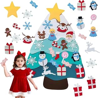 Árbol de Navidad de fieltro para niños pequeños, 3.2 pies, divertido árbol de Navidad Montessori de fieltro, árbol de Navidad de velcro azul con 32 adornos para niños, regalo de Navidad, hogar, puerta