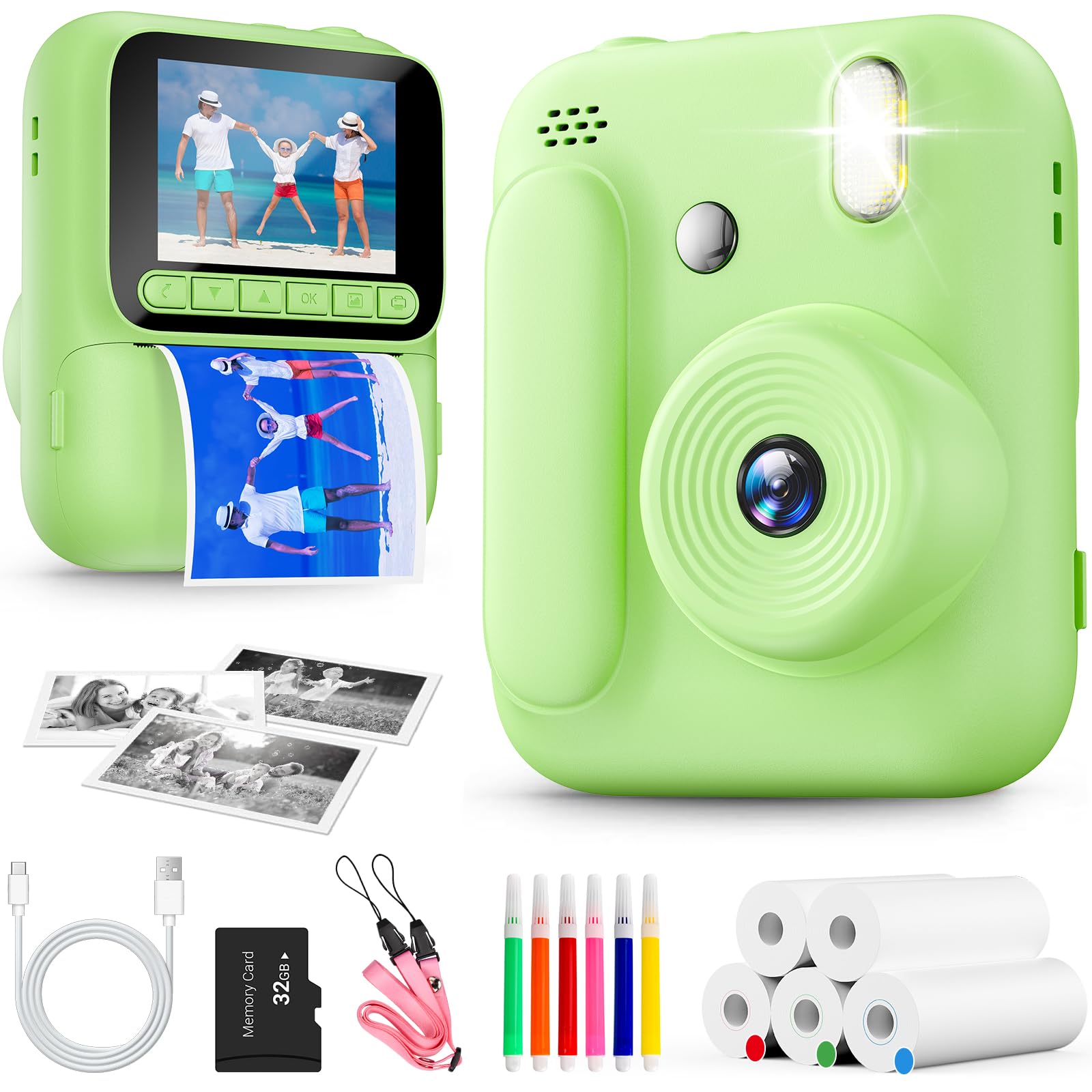 Sofortbildkamera für Kinder,1080P Kinderkamera mit 5 Rollen Druckpapier,32GB-Karte und Farbstiften,Tragbare Digitalkamera für Jungen und Mädchen,Geschenke für Kinder im Alter 3–14 Jahren (Grün)