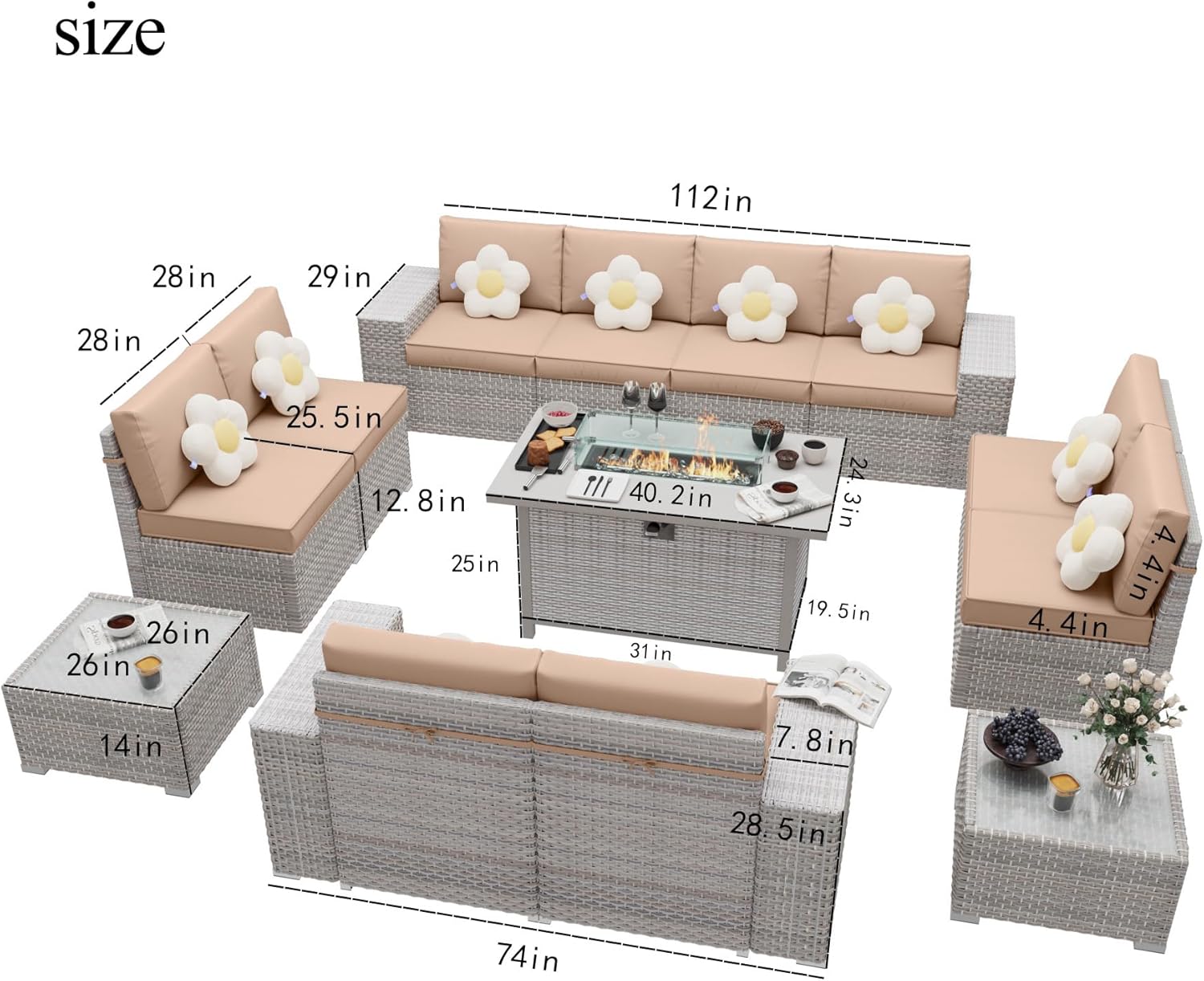 13-Piece Patio Sectional Sofa Set, All-Weather Rattan Outdoor Furniture with 50000 BTU Propane Fire Pit Table and Coffee Table, 8" Wide Armrests,for Garden, Porch, Lawn, Khaki
