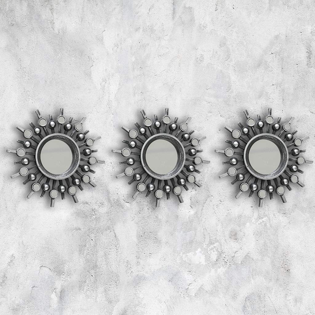 HomeZone® 3 Pcs Distressed Sunburst Silver Round Wall Mirror Set Decorative Hanging Mirrors for Walls Bedroom Decor Wall Mounted Mirrors Wall Decor Hallways Stairs Living Rooms Home Decoration