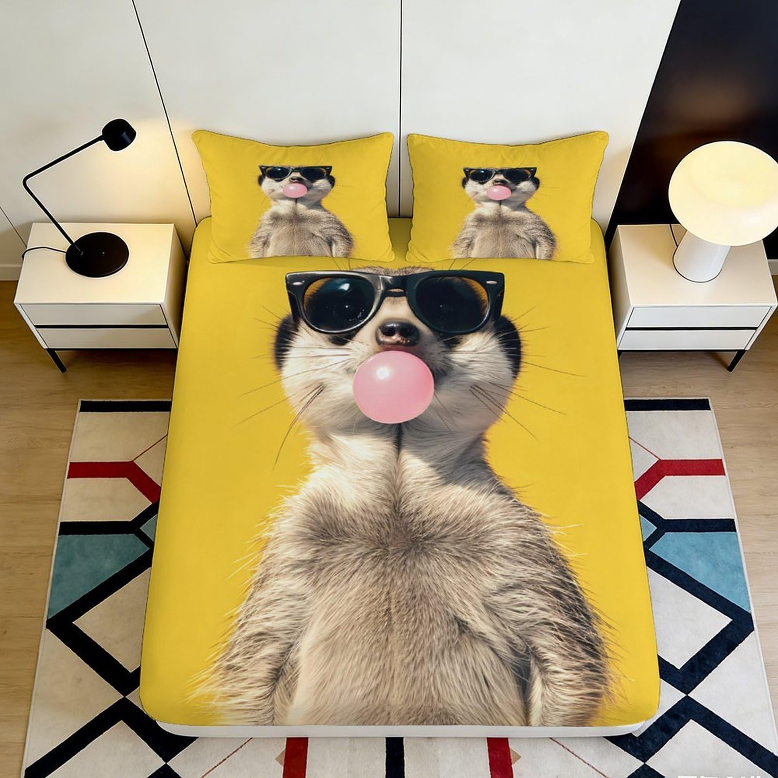 3D Printed Meerkat Sunglasses Fitted Sheet Microfiber Fun Yellow Cartoon Bubblegum Mattress Cover for Bedroom Dorm Decor 90x200x25cm