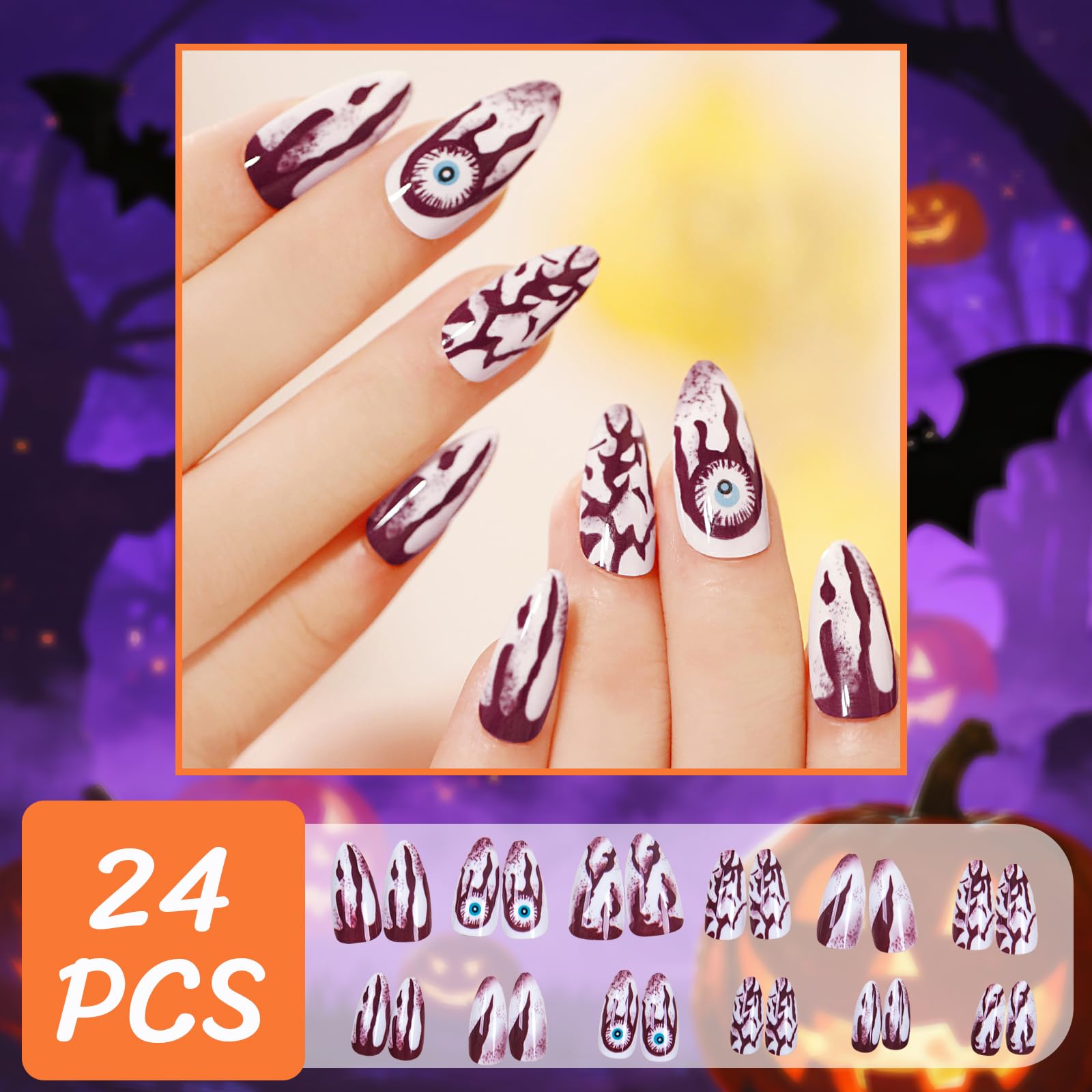 Muswarm Halloween Press on Nails, Medium Size Pointed Short Almond Fake Nailkit, 24pc 3D Skull and White Bone Nail, Halloween Decorations, with Tools: Halloween-02
