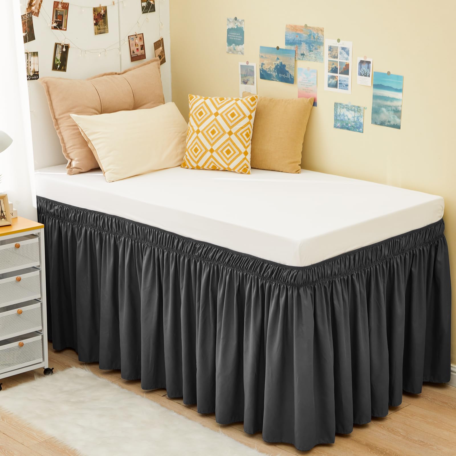 Dorm Bed Skirt Twin XL 32" Drop, College Dorm Room Essentials, Dark Grey