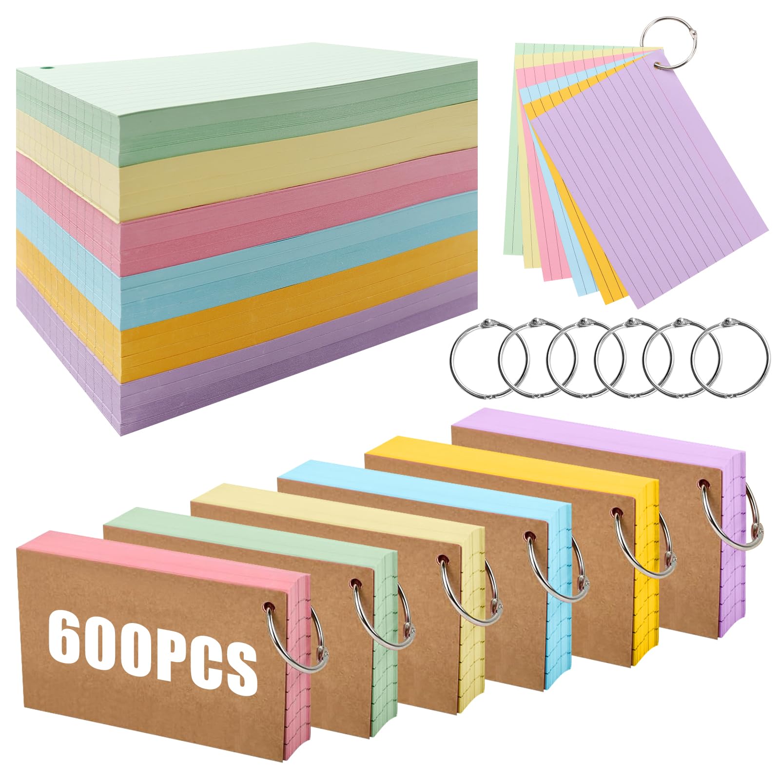 ABCDPP A6 Revision Cards, 600Pcs Lined Flash Cards with Metal Binder Ring, Coloured Flash Cards Revision for Language Learning and Office School Home Study Record (Lined)