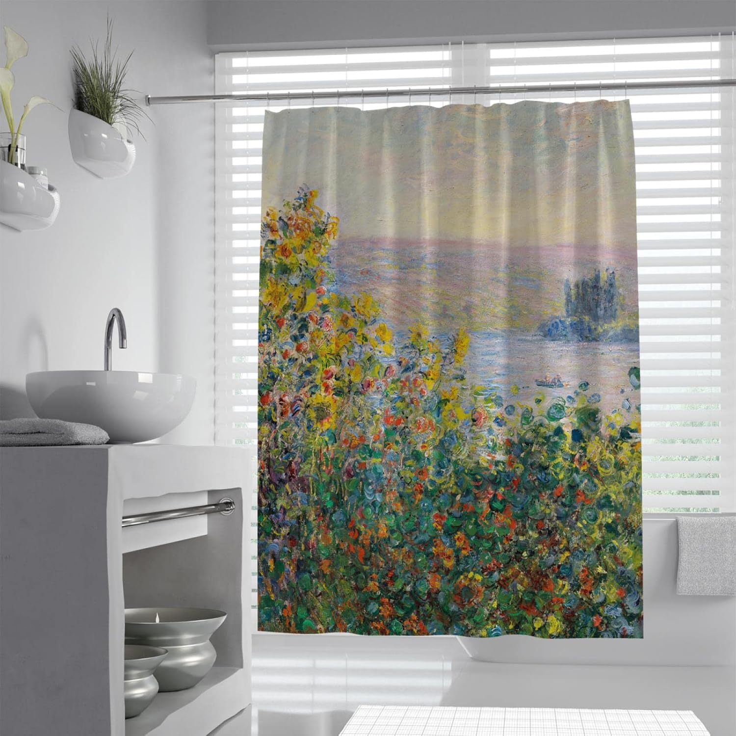 Famous Painting Shower Curtain Print Claude Monet Shower Curtain Colorful Wildflowers by The Sea Shower Curtain Liner Waterproof Hotel Grade W72 x L72(in)