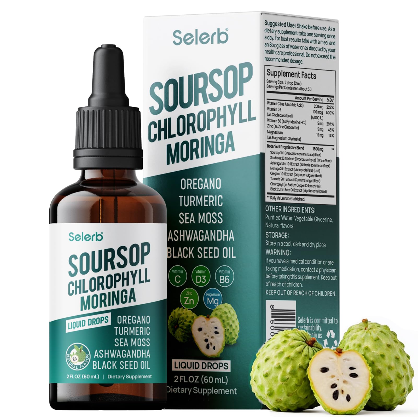 Soursop Bitters Liquid Soursop Drops with Chlorophyll, Moringa, Sea Moss, Turmeric, Black Seed Oil, Oregano & Ashwagandha High Absorption for Gut & Digestive Health, Immune & Antioxidant | 2 Fl Oz 2 Fl Oz (Pack of 1)